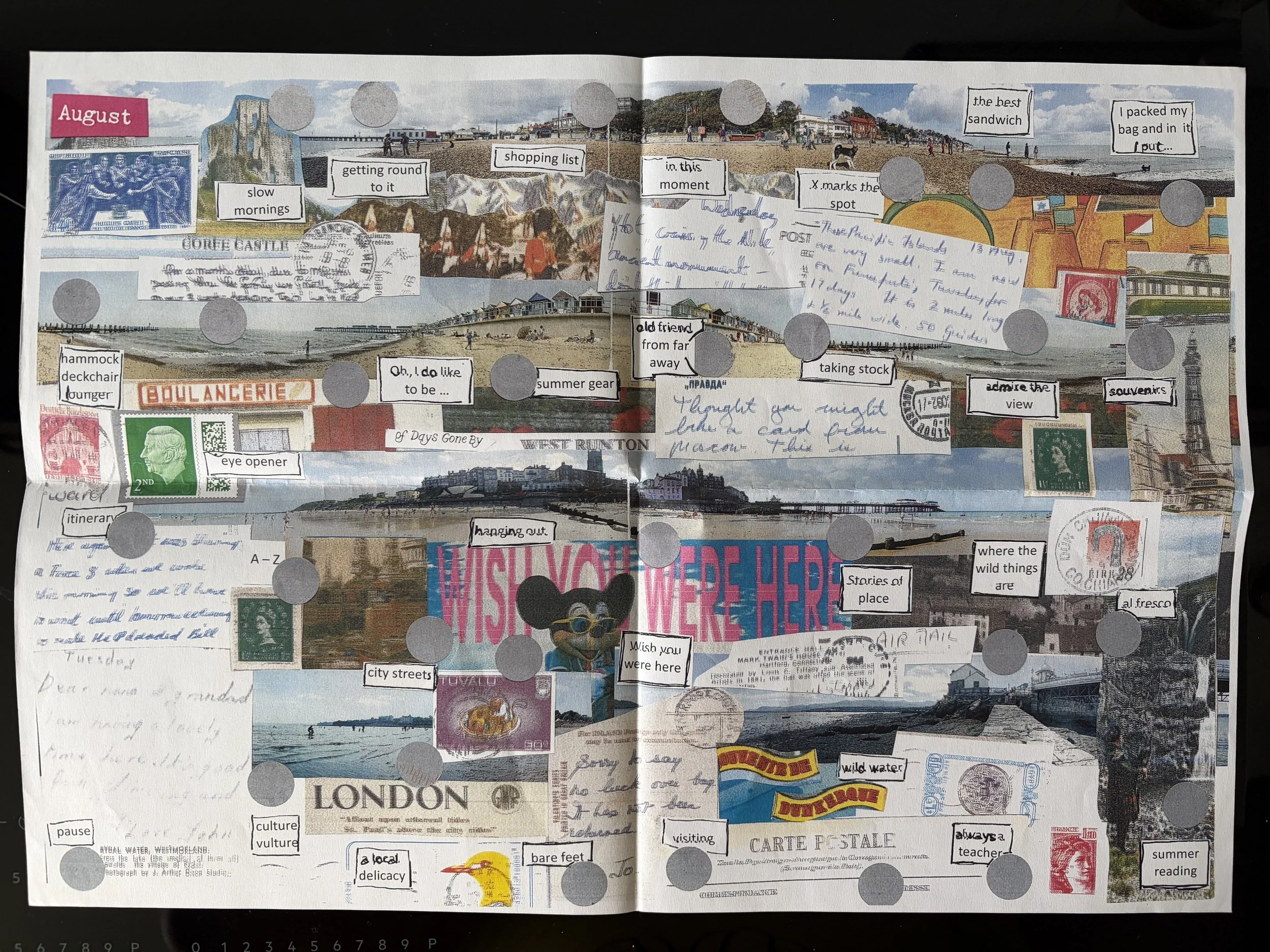 Link image to 'August Adventures' set of 31 daily writing prompts. Image shows 31 prompts with individual backgrounds on a calendar-style page.