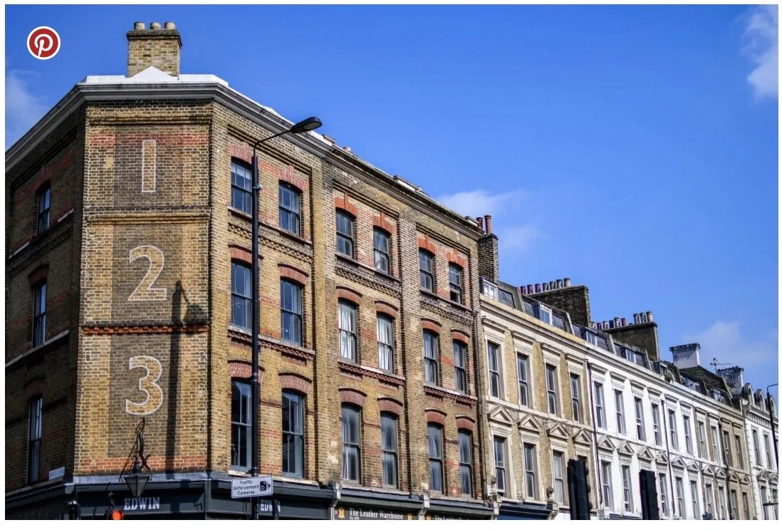 A picture of terraced brick-built three-storey British buildings in Victorian style with numbers 1, 2 and 3 written on the side of the building. Denotes link to NWP's ''Month of Lists' Daily Writing Prompts