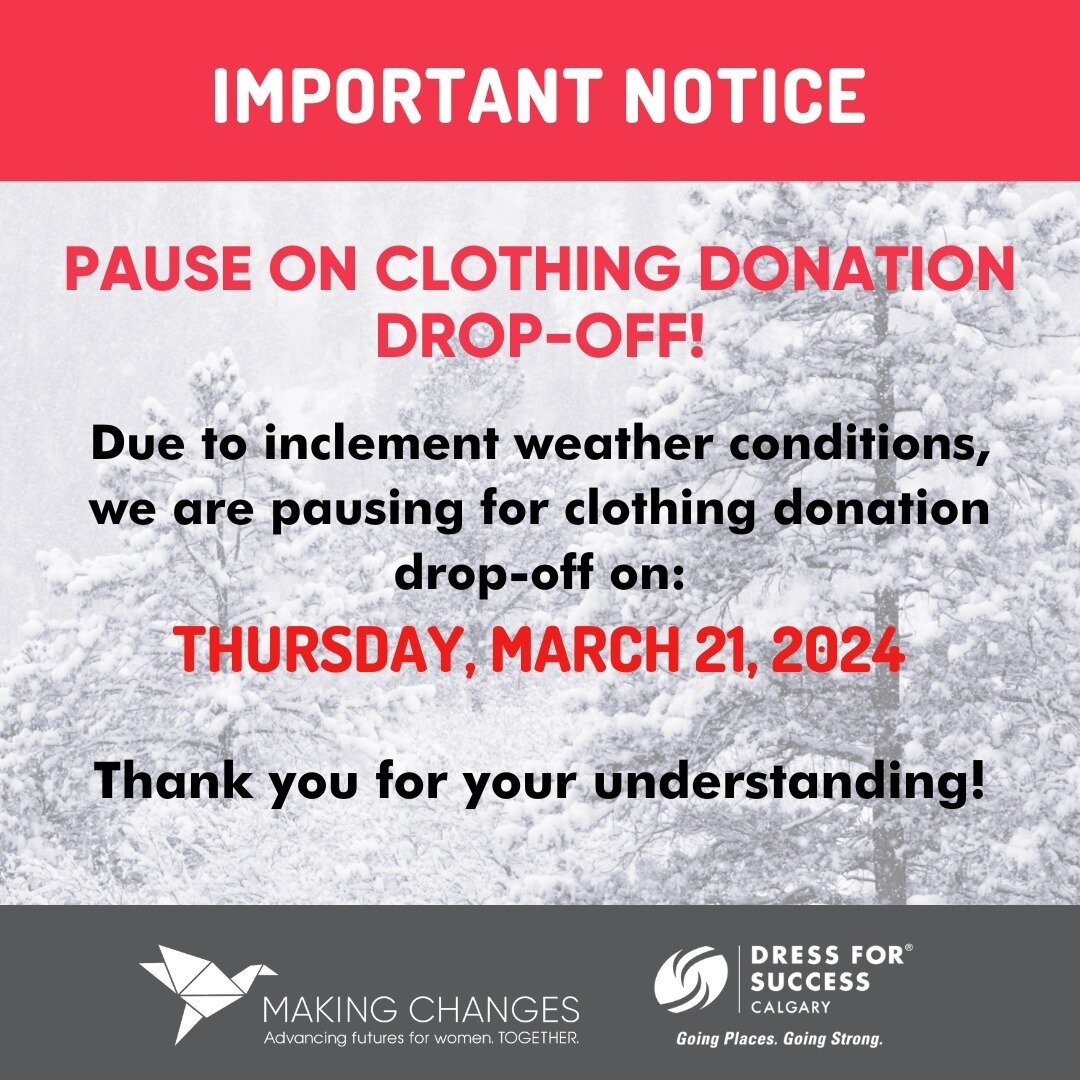 📢 Important Announcement

Due to inclement weather, our office will be closed for clothing donation drop-off on Thursday, March 21, 2024.

We are very sorry for any inconvenience this may cause.

We appreciate your cooperation and support!