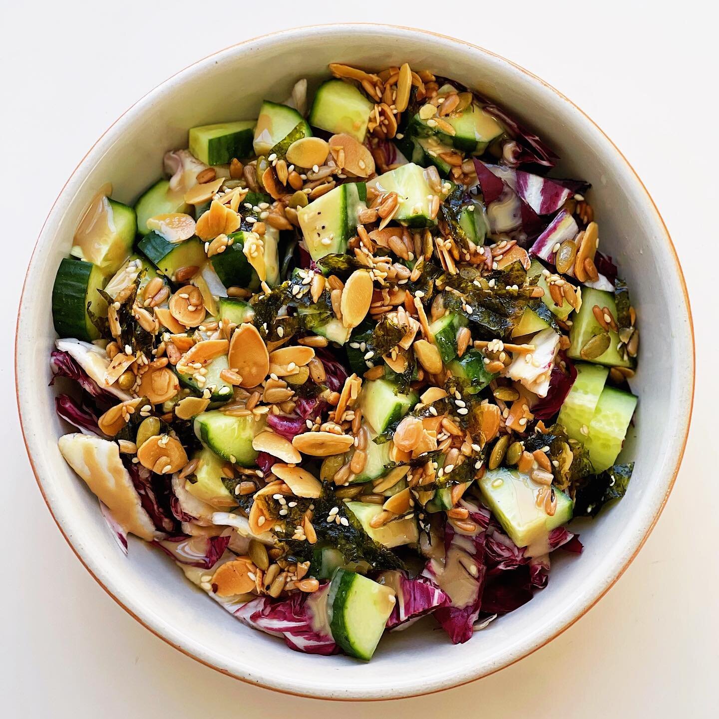 Well I think we all deserve a bright crunchy salad today, don&rsquo;t you?! Not much left before the big Monday shop so we got crunchy cukes, bitter radicchio. Chopped up. Made a big batch of crunchy salty things awhile back just in case I had a sala