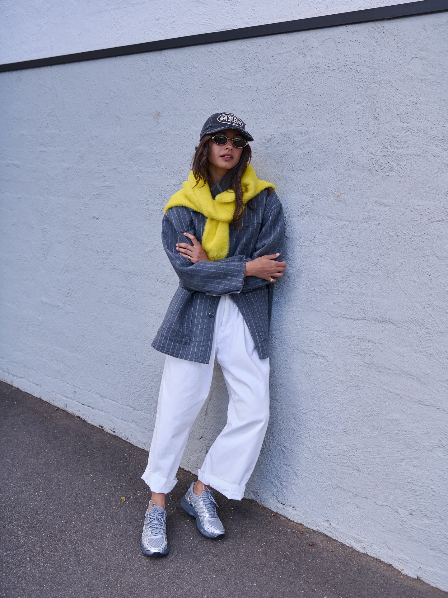 Pinstripes and a punch of yellow &mdash; winter colour upgrade 🍋 Shop Alma reversible wool-blend jacket BARRYMADE.COM