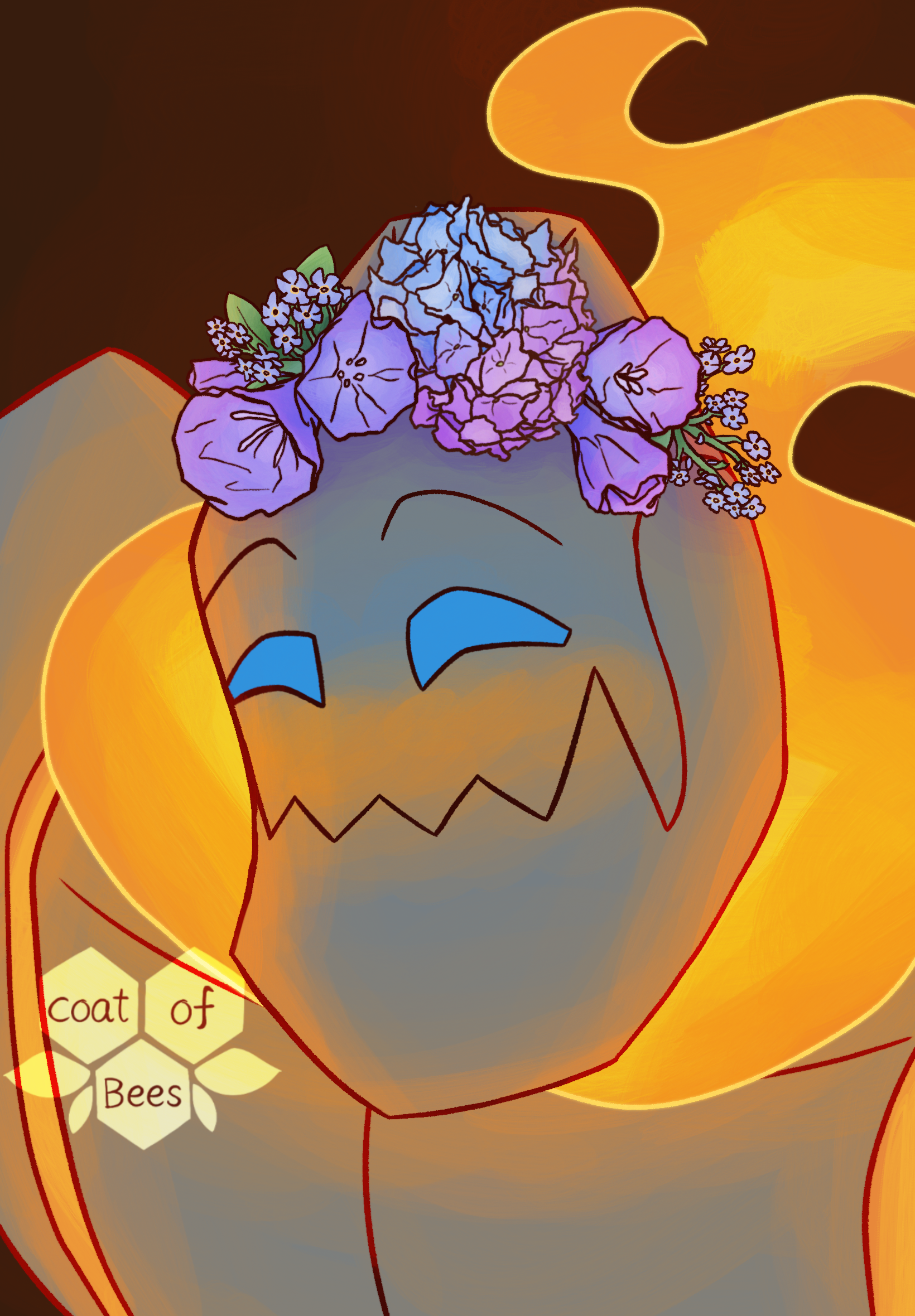  Igneous wearing a flower crown of blue and purple bluebells, forget me nots, and hydrangeas 