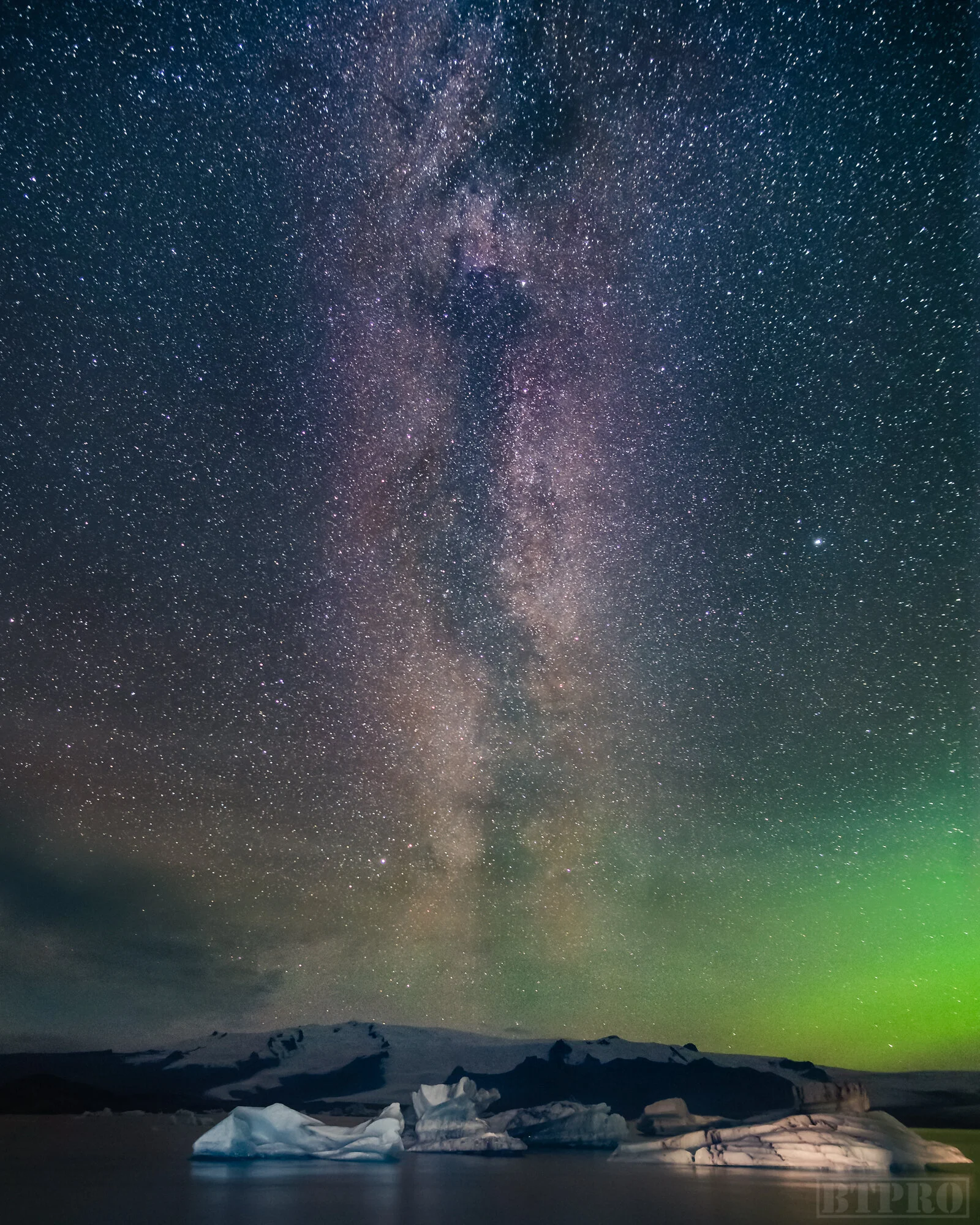 Milky Way and Aurora Over Jokulsarlon Lagoon