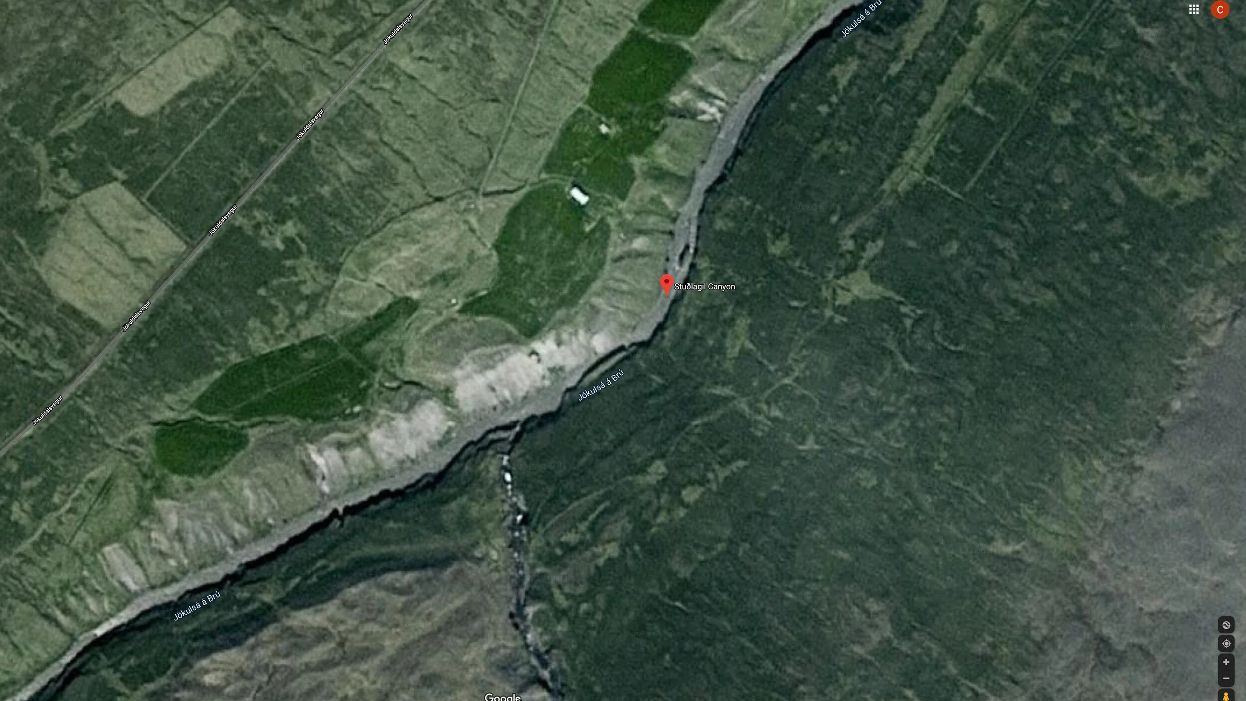 Studlagil Canyon Satellite View