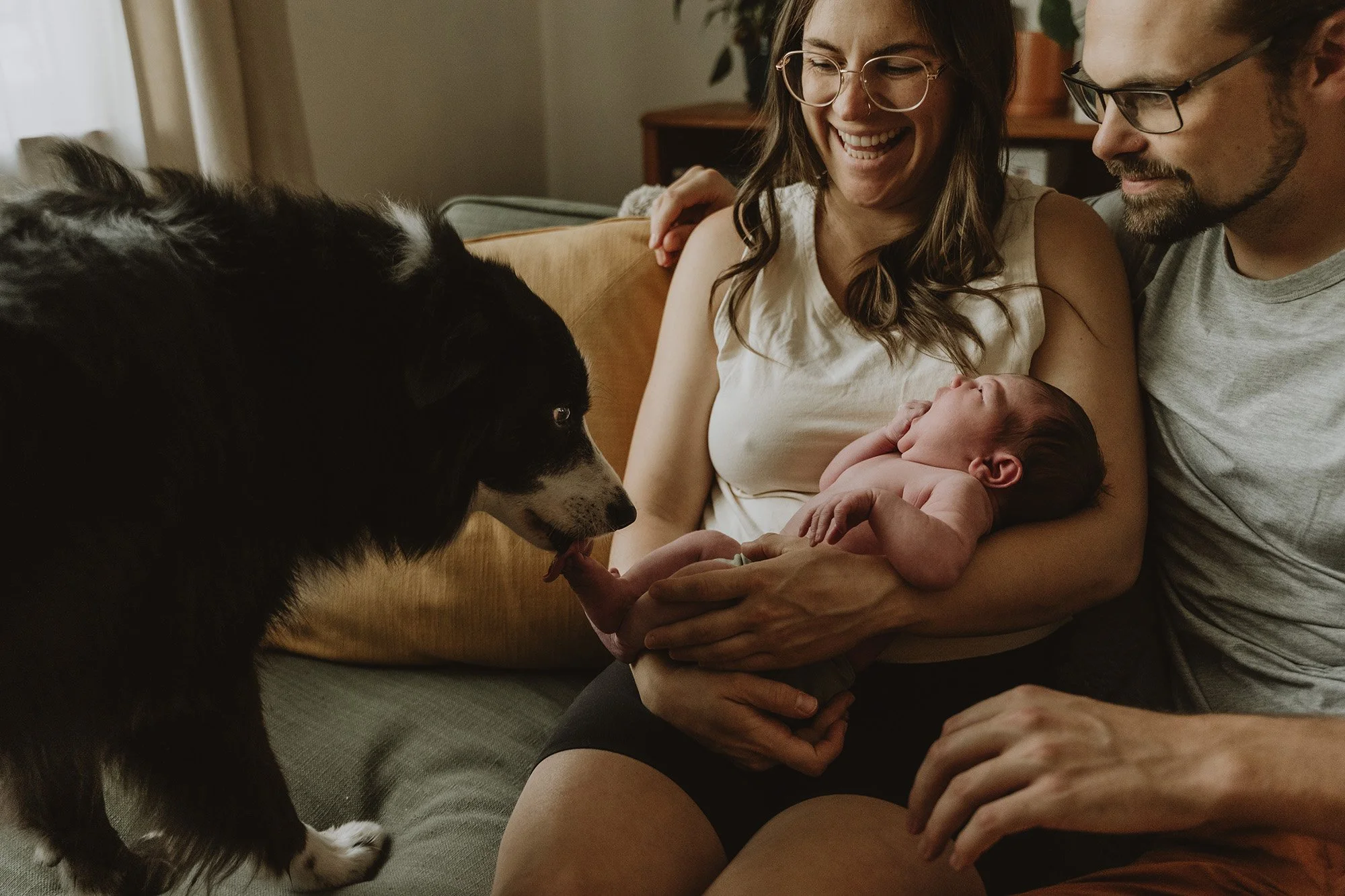 A woman holding a newborn baby on her lap with a man next to her, all sitting on a couch. A black and white dog is licking the baby's toe. The woman is smiling, and they all seem happy and relaxed.