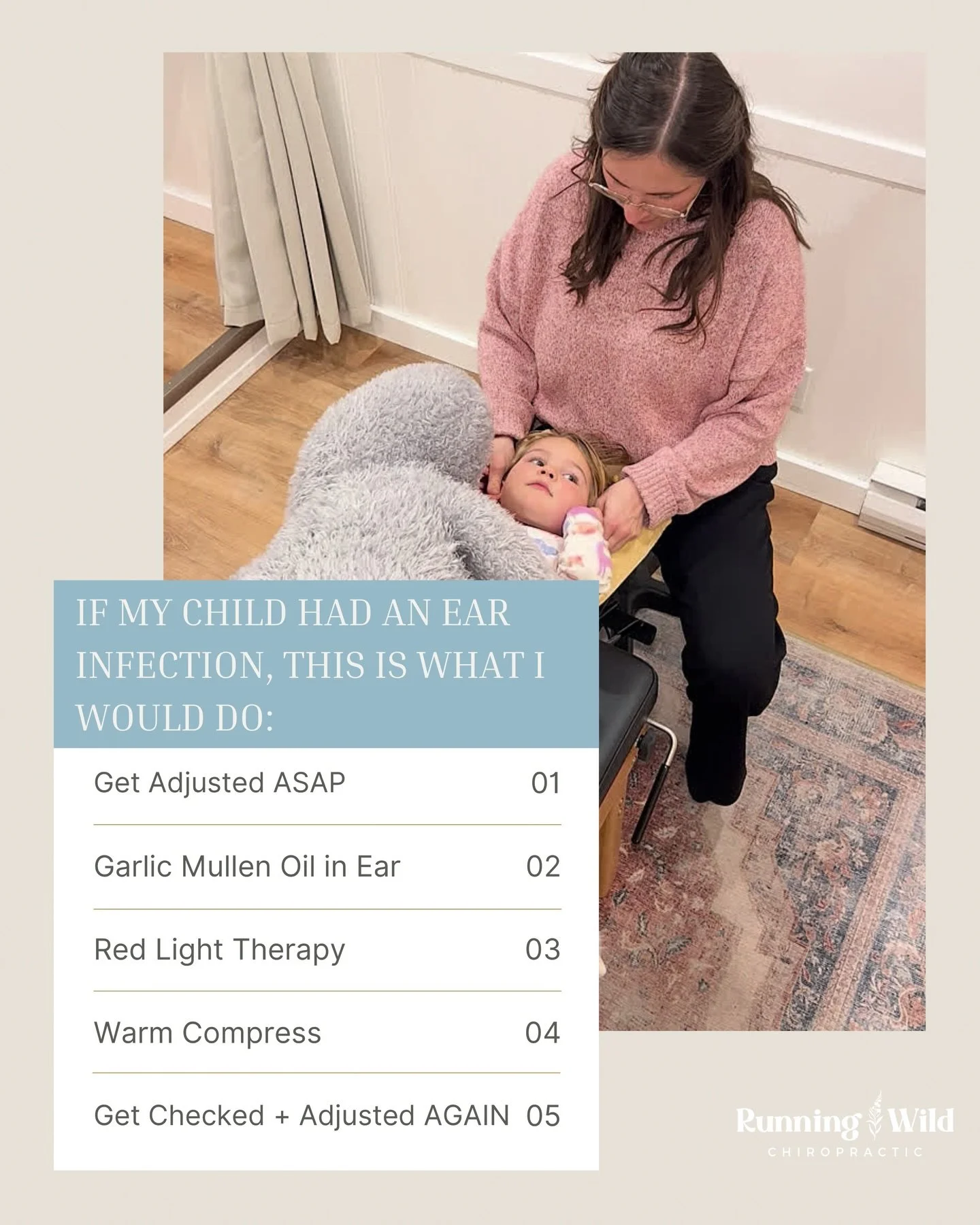 I&rsquo;ve been seeing a lot of kiddos with ear infections this year so I wanted to share what I would do if my child had an ear infection:

Step 1: Get them adjusted 👂
The upper neck and ears are the first place I&rsquo;d look. Tension in that area