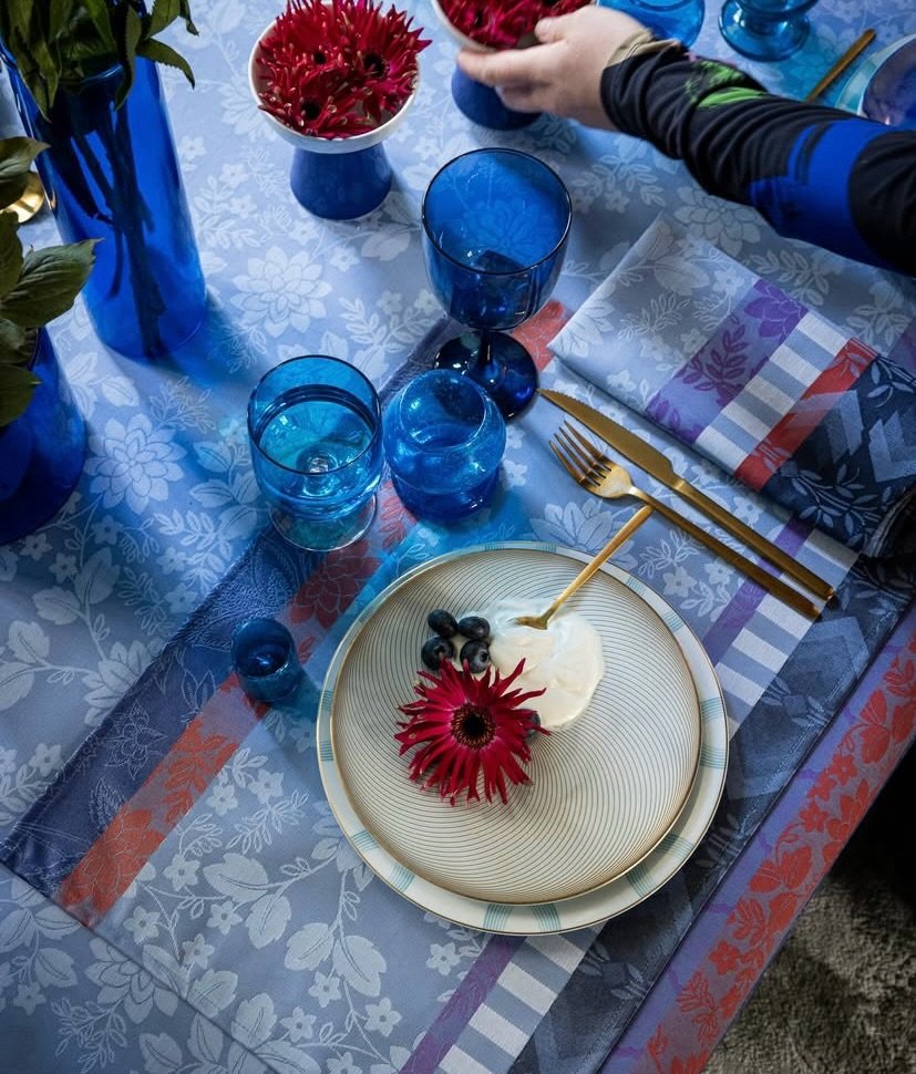 Summer Cool blue collections - entertain, gift &amp; travel.

* French Jacquard table linen - select in store or order indoor/outdoor table settings this week for Christmas.
* Gas Bijoux collection also for men - silver plate bracelets
* French silk 