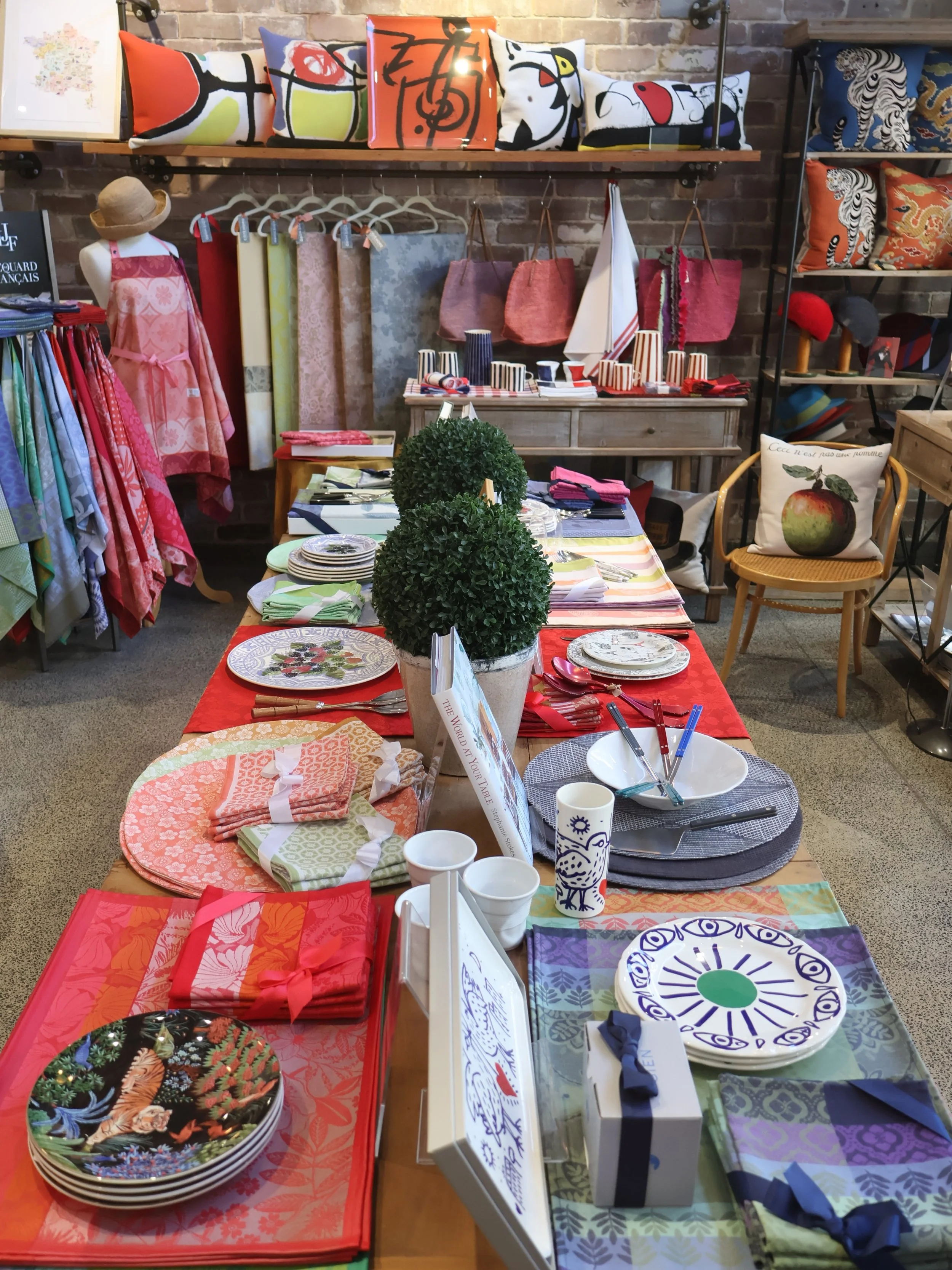 Our 3-metre long French table is the perfect display space for place settings of Le Jacquard Francais beautiful table linen. 
Placemats,runners and napkins are set ready for entertaining, after which you can choose a jacquard cotton tea towel from th