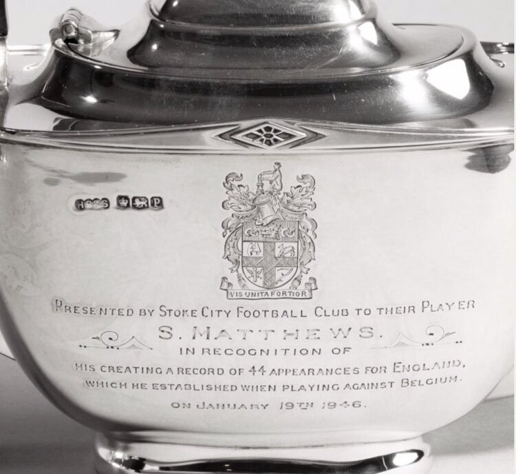 ‘Sir Stanley Mathews’ four piece silver tea set, 1946, England, 66 troy ounces.   Wick Antiques - A3