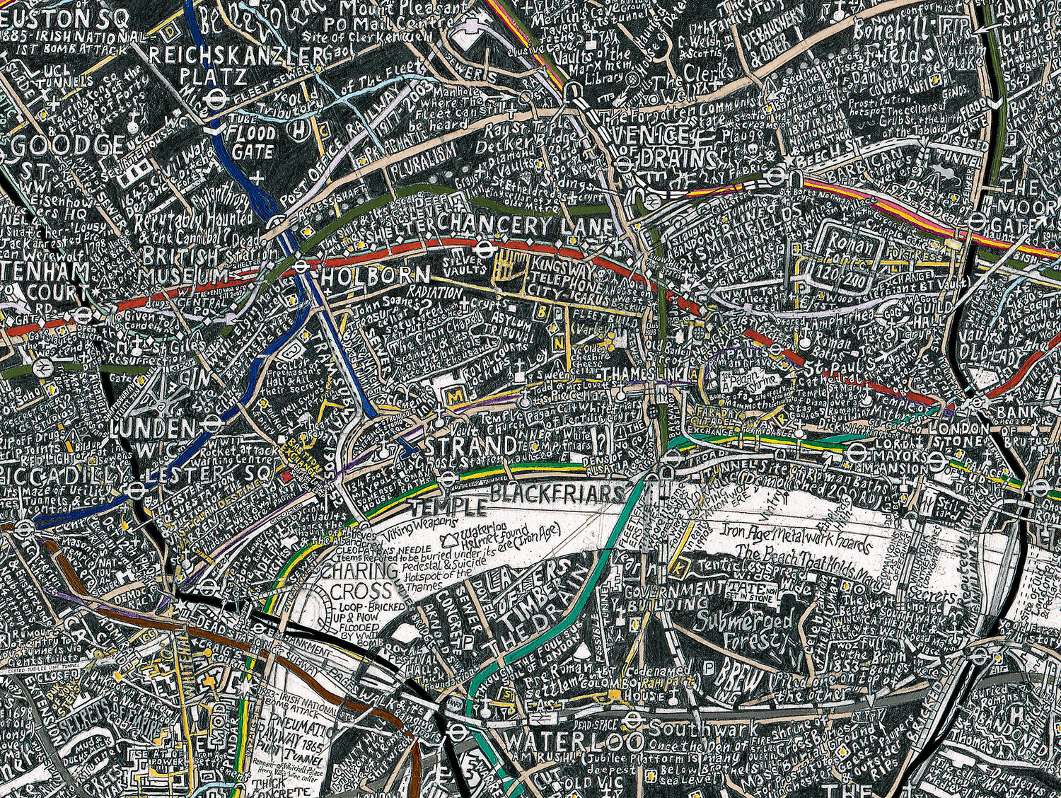 London Subterranea , geographically tracks many of the things that exists under the surface of the city. It shines light on a clandestine world of utilitarian tunnels and passageways, and includes some folklore and legends attached to certain place