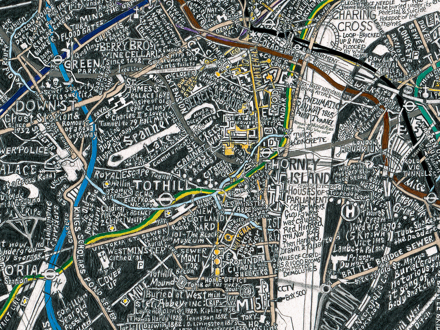 The extent of utility tunnels and governmental infrastructure is vast. The map shows the Kingsway Telephone Exchange, designed to house a community of civil servants that would be able to run the city in the event of a nuclear attack, and The formid