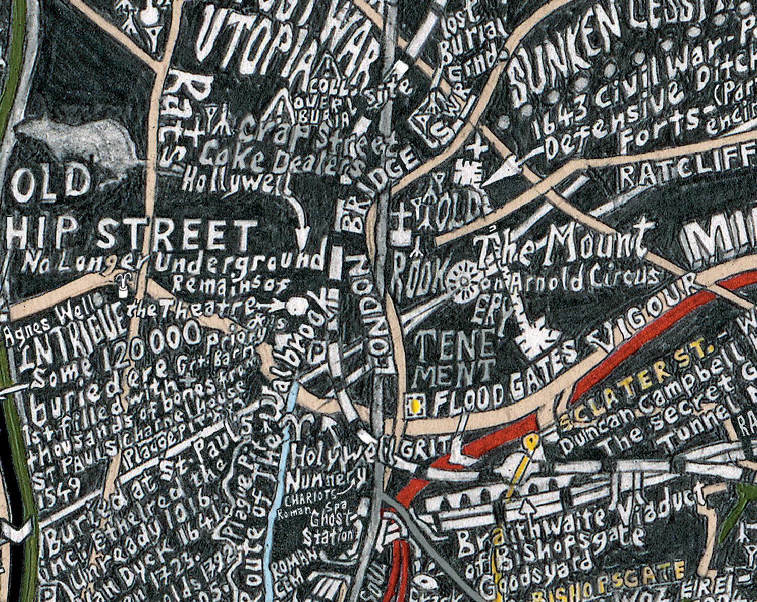Also included is Duncan Campbell’s mapping of a ‘secret’ network of governmental tunnels under London, published in 1980. Here at Sclater Street, from an unmarked door, he broke into the network with a fold-up bicycle.