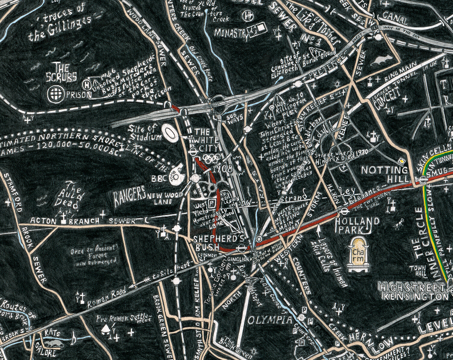 Also shown is a collection of archaeological discoveries from pre-history to the present. Places of worship are shown alongside well know Ley-Lines, The Pneumatic Dispatch Co. Railway, catacombs, Crossbones Garden and more…