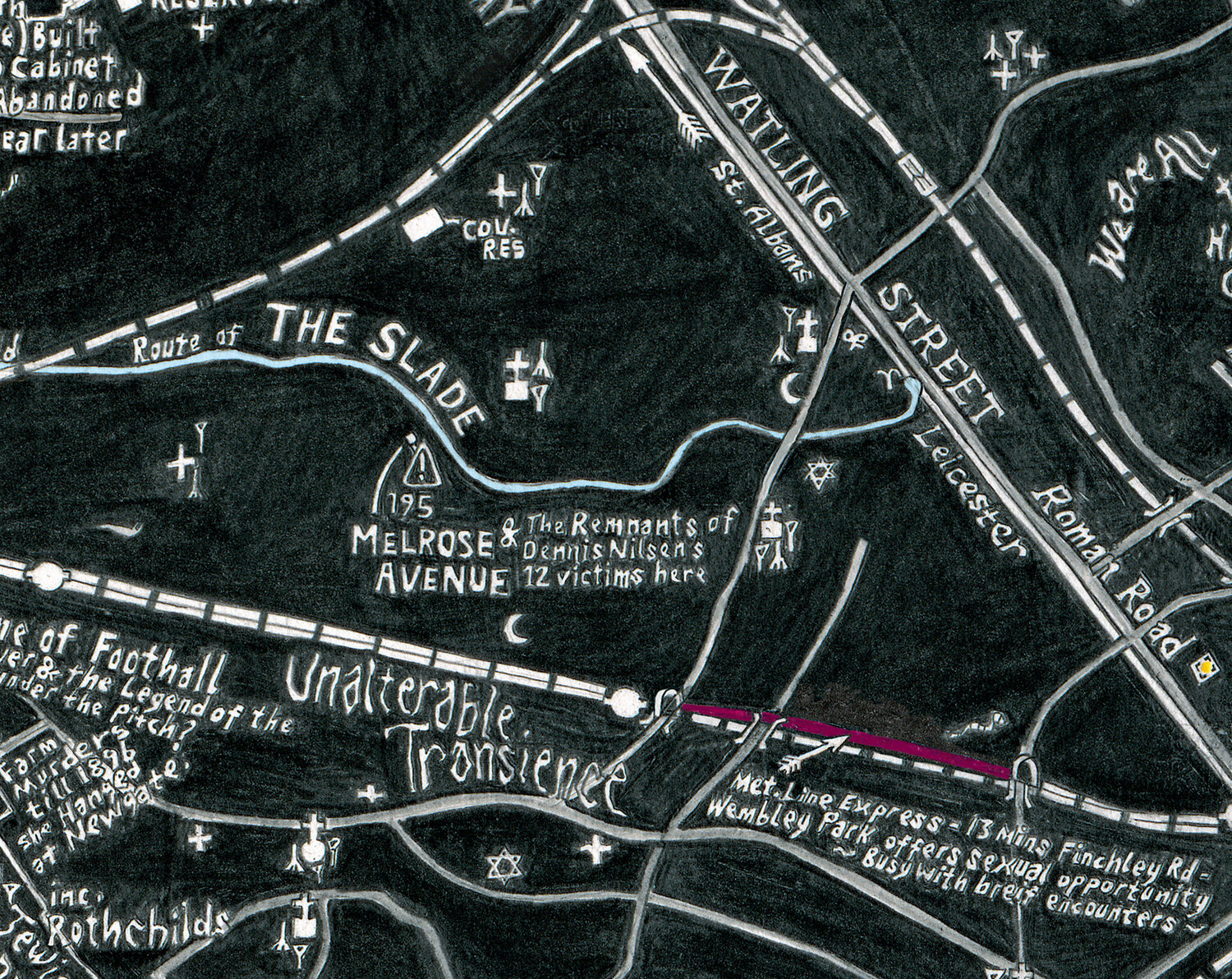 Cricklewood is where Denis Nilsen’s is known to have murdered 12 of his victims. The patch of land at the rear of his garden is where he would burn the body parts, crush up the bones and fling the innards out for the foxes. Underfoot, some of these