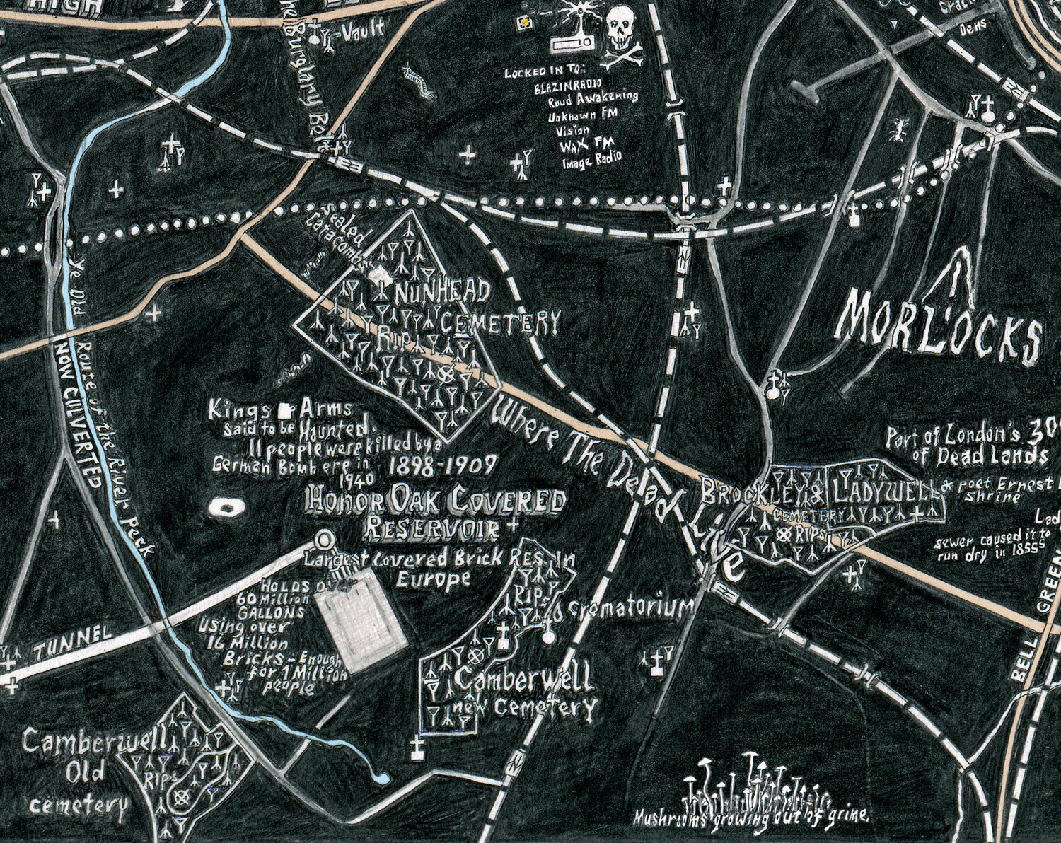 Cemeteries, graveyards and mass burial sites are another subject explored. Under Knightsbridge, there are rumours that the basement of Harvey Nicks penetrated an old plague pit and causing the Piccadilly Line to swerve around it. According to Jelena