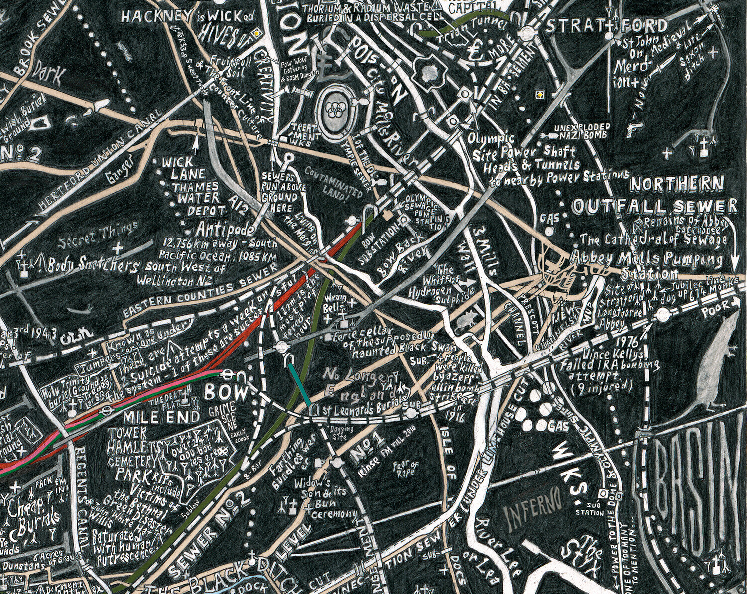 The bowels of London are its sewers, and I track the main routes of the Victorian system and its modern additions. Basselgette’s original system contained 318 million hand-laid bricks, probably making it the largest brick made structure in the count