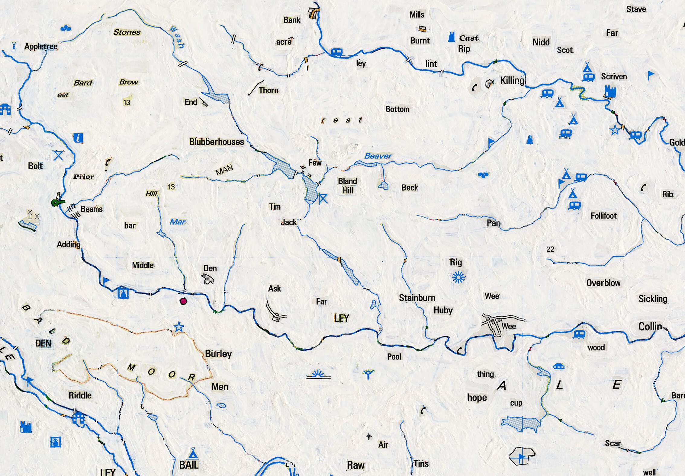  Alongside the breaking down and reconstruction of the collage works, I have started to look differently at how I create maps. Whilst maps are always the projections of their makers, they are often didactic in nature – depicting infrastructure, cultu