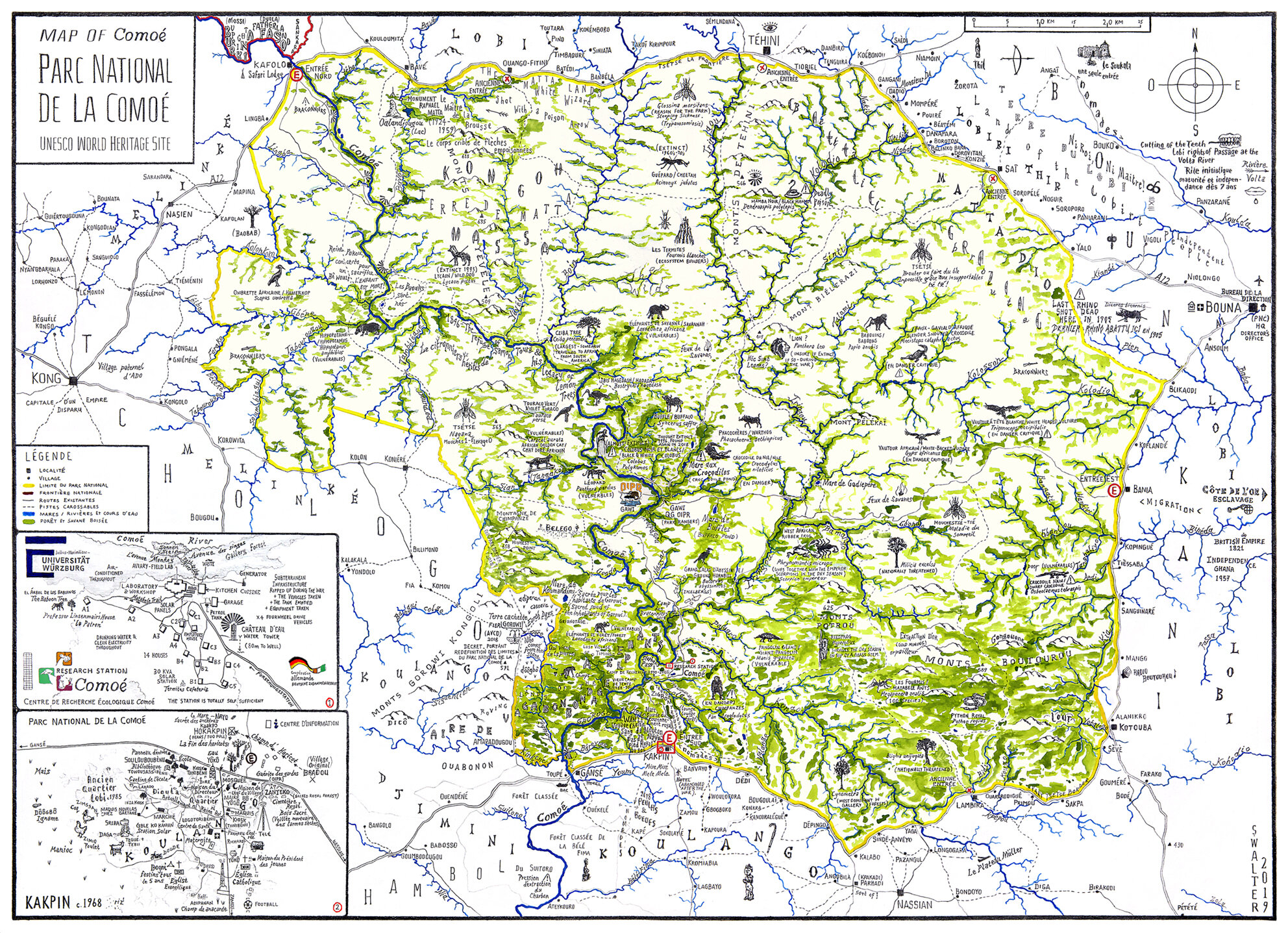  Covering the entire area of the Comoé National Park and its surrounding towns and villages, this map is a celebration of the regions’ biodiversity and its vast expanses of tropical savannah. Here, cultural landmarks surround The Comoé, this ecologic