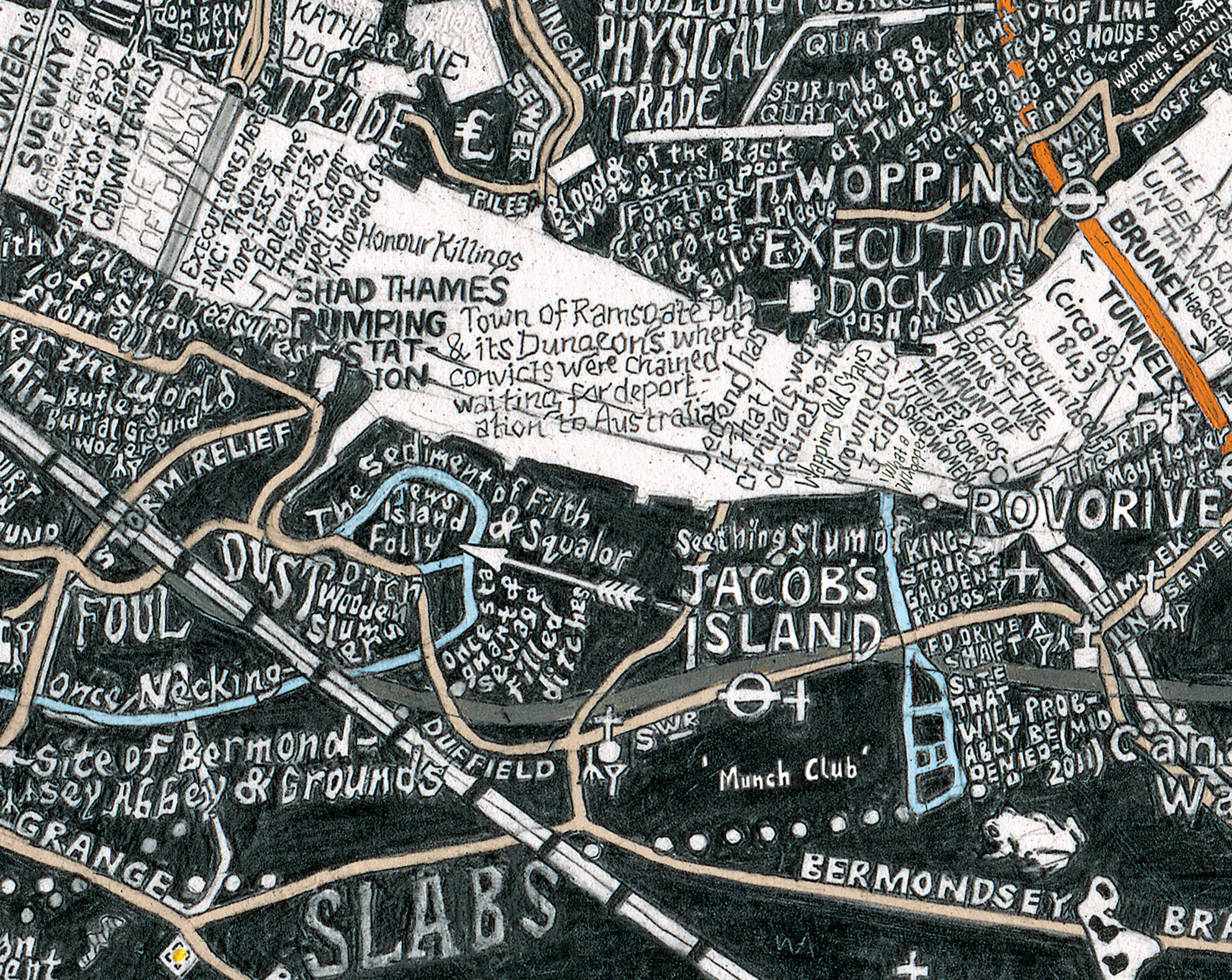 Some of the things included on this map are as follows. Through extensive research, I have mapped the courses of all of London’s lost rivers from the Fleet to the Neckinger and The Black Ditch to the east. These still exist but most of them are n