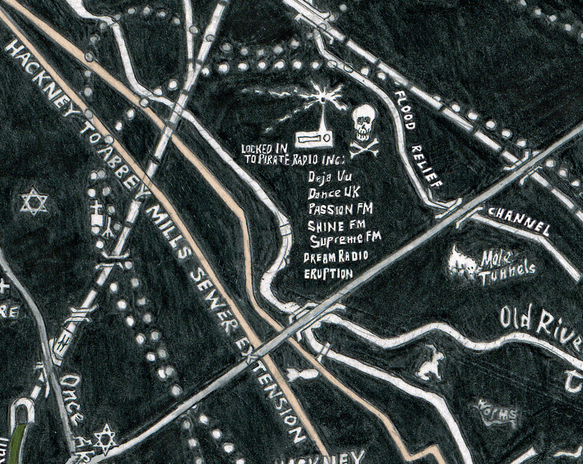 London’s Pirate radio stations get a mention and are located roughly in the areas they operate.