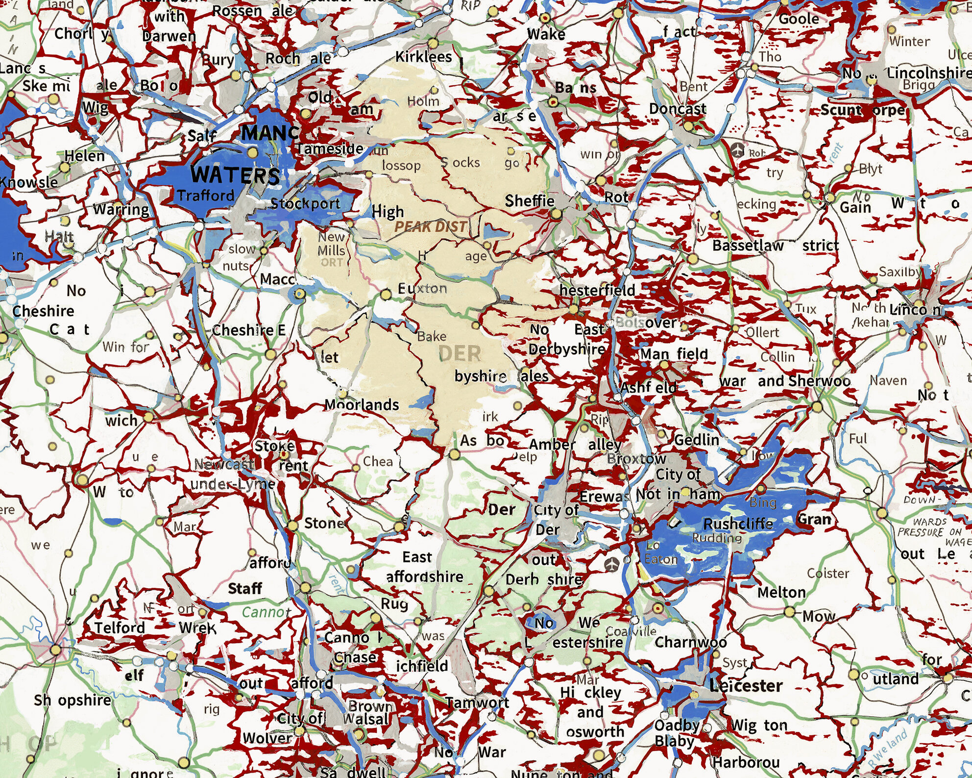 The District boundaries are also painted in red adding to the sense of division.