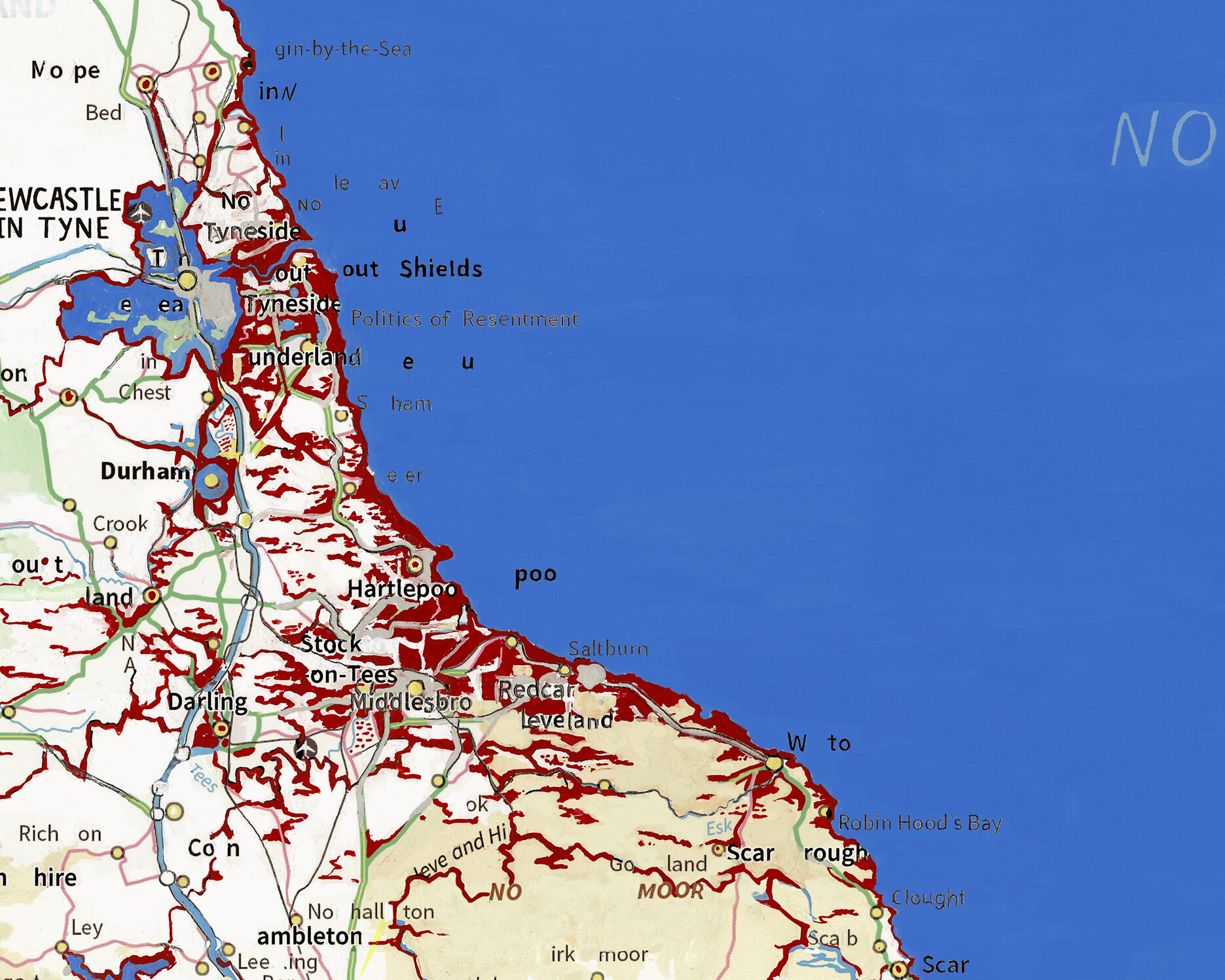 Many of the place names of Brexitland have been altered with letters painted-out to reveal new words that directly reference Brexit itself, and others that evoke negative connotations brought on by it. Many of the ‘South’ names have had the ‘S’ and