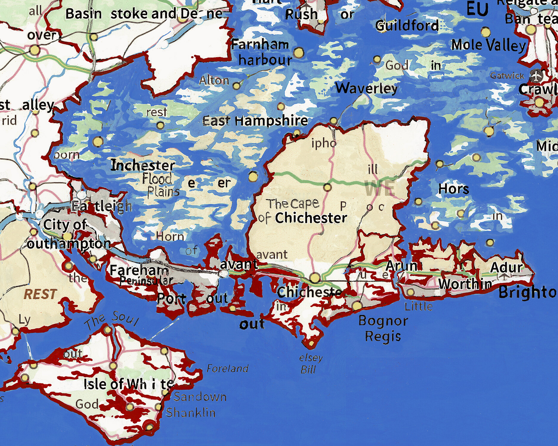 The flooding of the Remain areas has caused among others, the District of Chichester to become a cape jutting out into water, and a bluff in North Somerset.