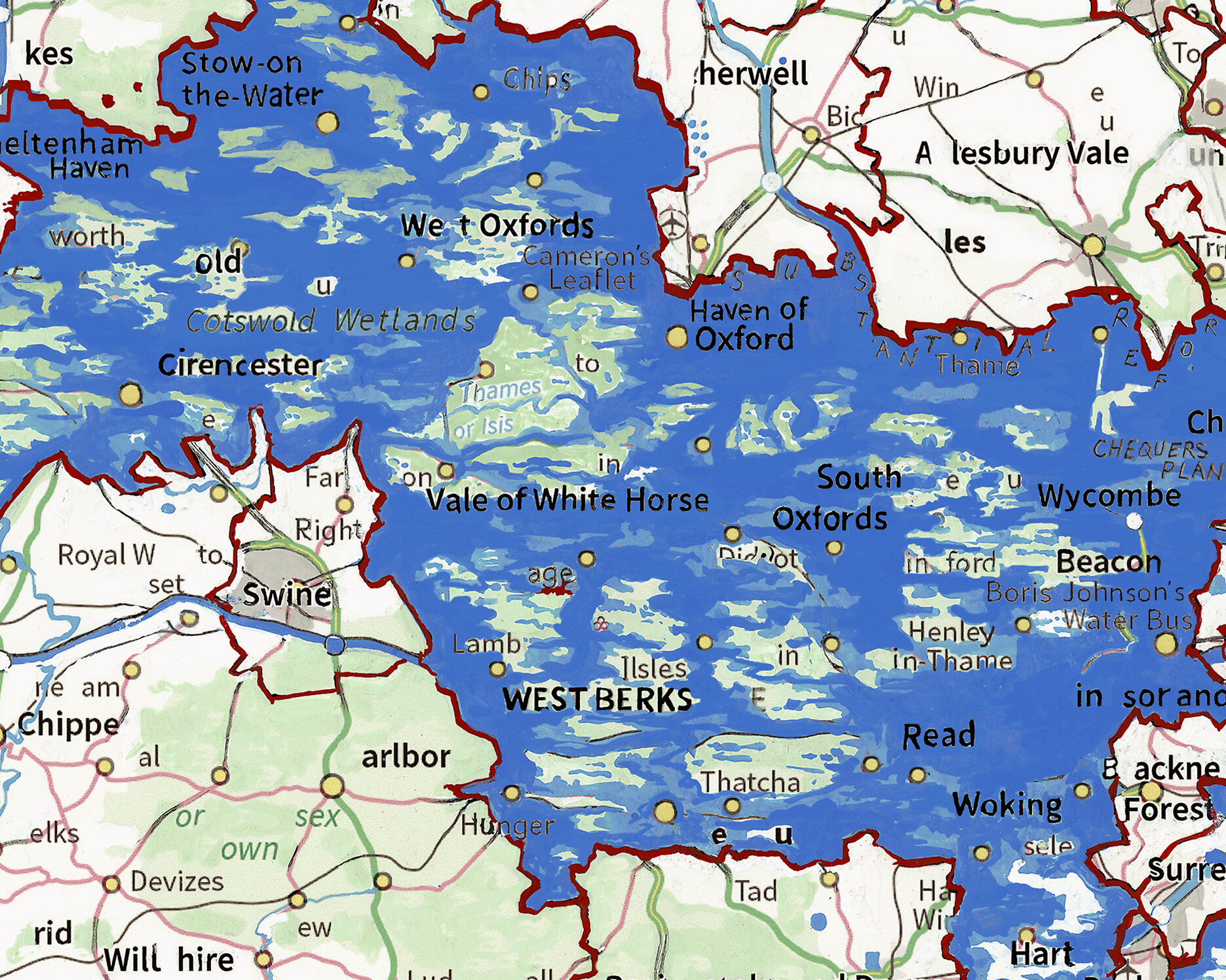 The Districts that voted 60% or above for Remain have been completely engulfed by the sea. For example, Oxford voted 70.3% for Remain. The areas where the vote was closer to 50%, parts of the land are still visible (Some artistic license has been ap
