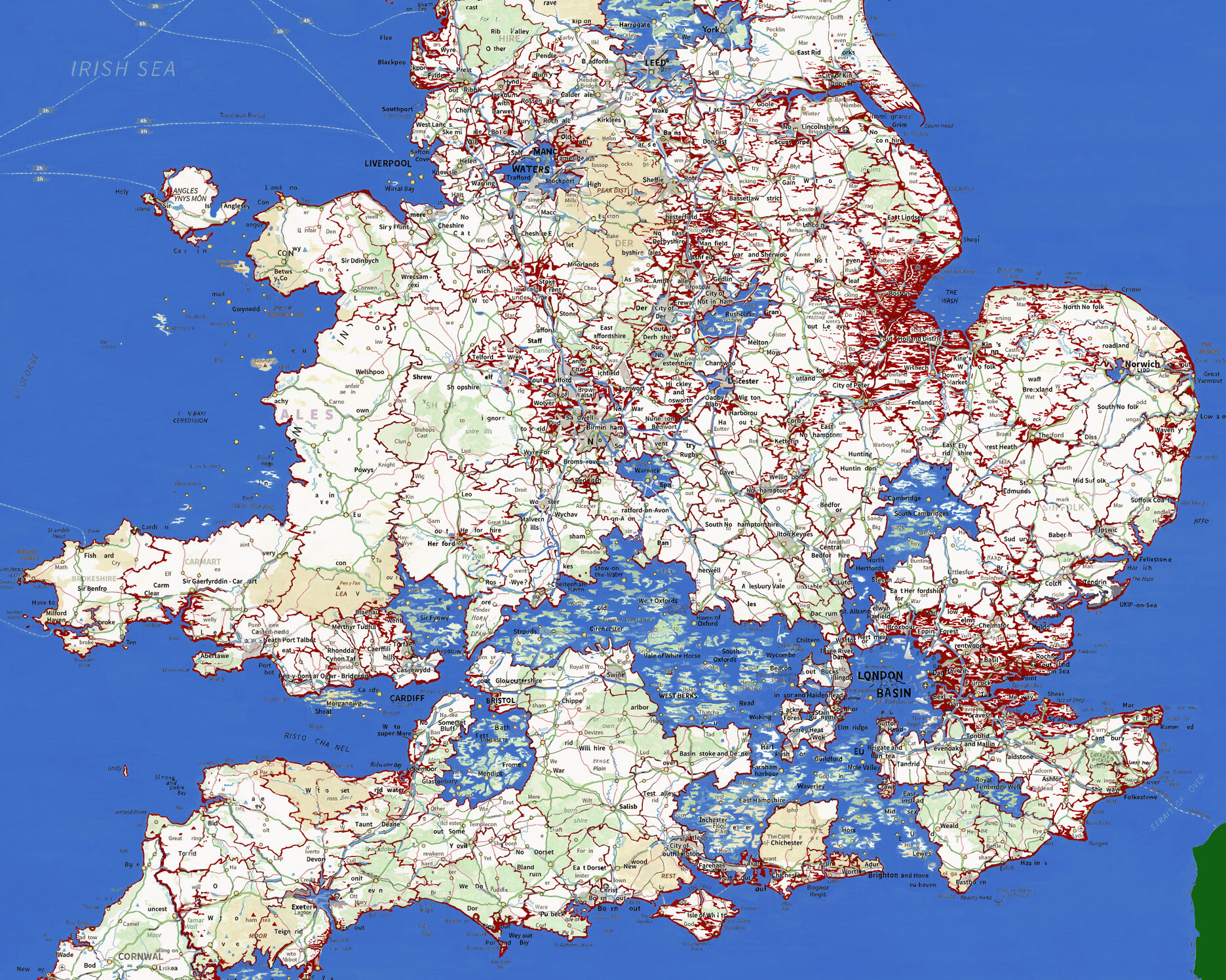 Brexitland , 2019, is a large wall map of the divided United Kingdom obsessed with Brexit. Every inch of the map comes under its influence. The areas that voted Remain in the 2016 EU Referendum have been flooded by the sea. Almost all that remains