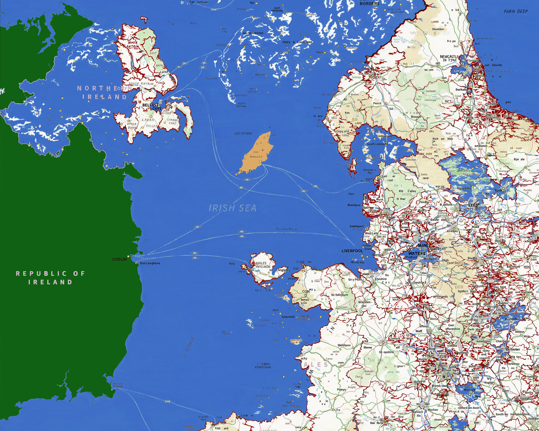 Northern Ireland is also treated in its own particular way. It voted as a whole to Remain – 55.8%, but most of the eastern districts including East Belfast voted in majority to Leave. Interestingly all the Leave areas are not on the Irish Boarder.