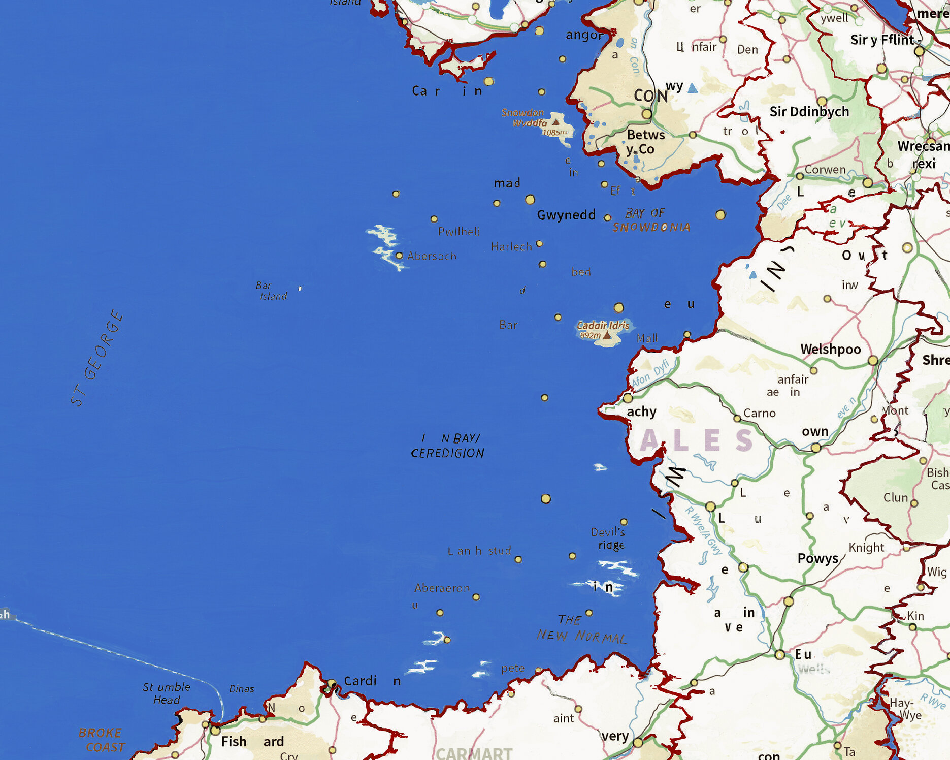 Wales has lost its north-western coastline of Gwynedd and Ceredigion, both of which voted for Remain. The western border of Powys now forms its coastline.