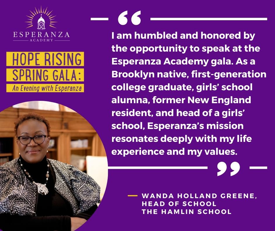We're thrilled to announce the keynote speaker for our annual Hope Rising spring gala on May 15th is Wanda Holland Greene, Head of School at @thehamlinschool in San Francisco. Holland Greene is a nationally recognized and experienced leader in educat