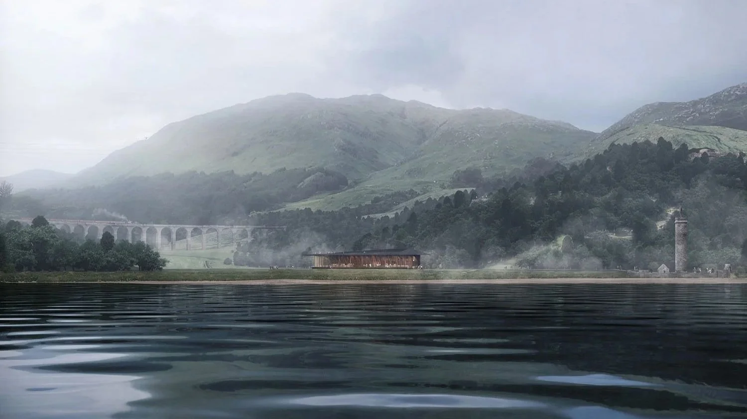 A lake with reflections, surrounded by green hills and mountains, with a cloudy sky. There is a bridge in the distance and a tall chimney or tower on the right side.