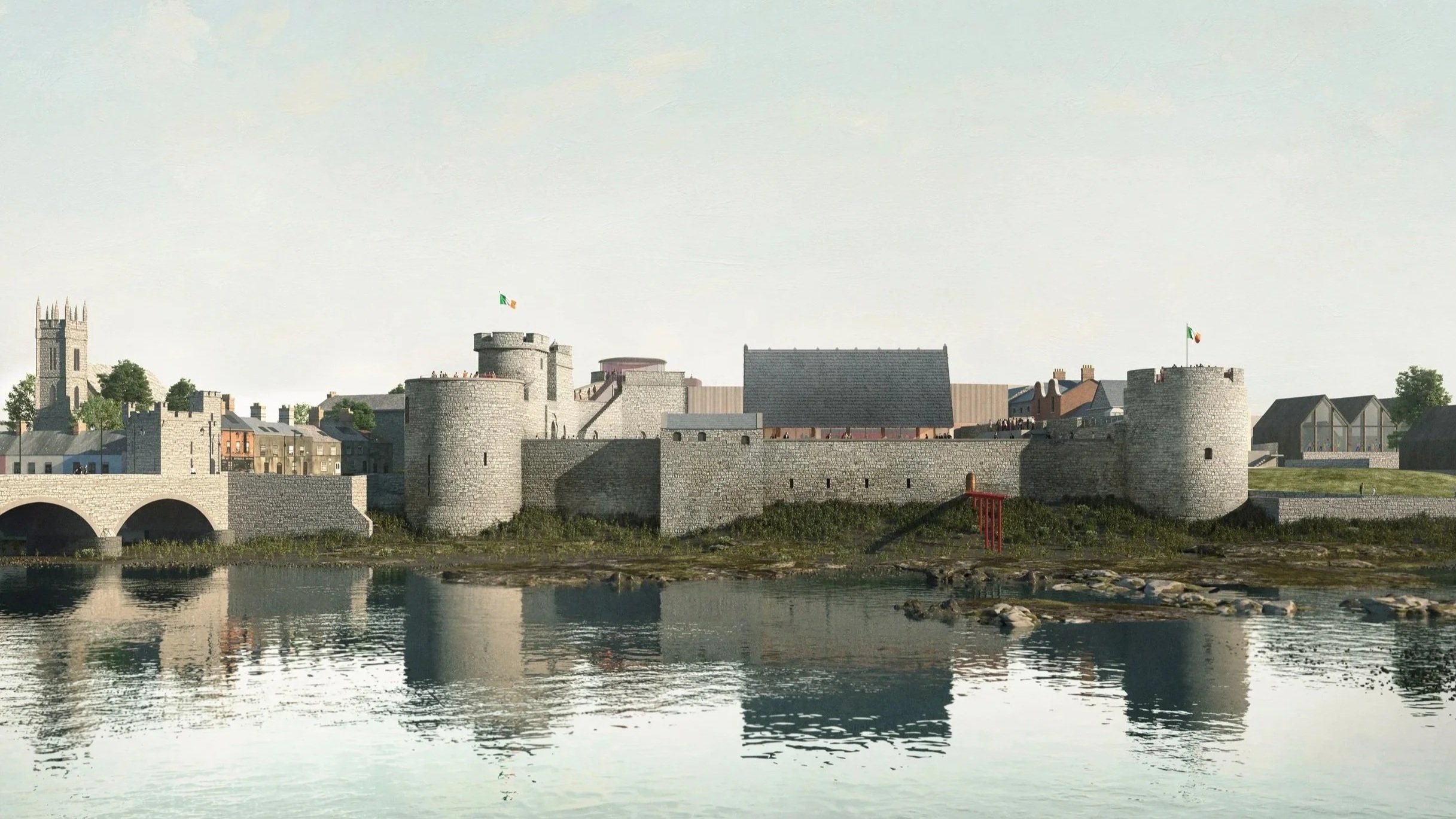 Digital illustration of a historic castle with stone walls, towers, and a bridge over water, with a town and church in the background, and an Irish flag flying on top of the towers.