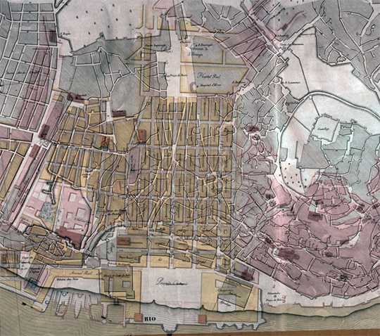 Sobreposição da Planta da cidade de Lxa. (…) Delineada por João Nunes Tinoco Architecto de S. Mg. do Anno 1650, à Planta topographica de Lisboa: arruinada, segundo o novo alinhamento dos architectos Eugénio dos Santos, Carvalho e Carlos Mardel, 1756…