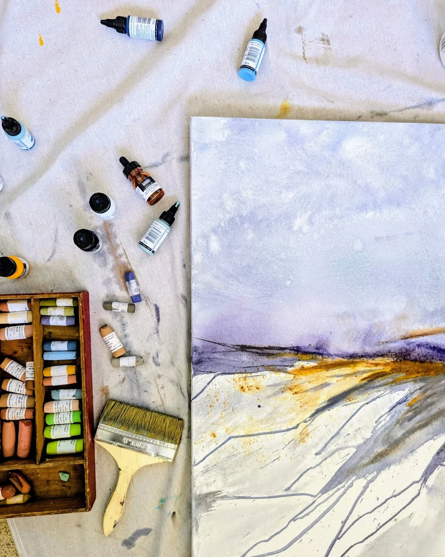 Work in progress - adding layers while keeping the color palette limited. 

abstract landscape painting, contemporary landscape, acrylic paint, acrylic ink