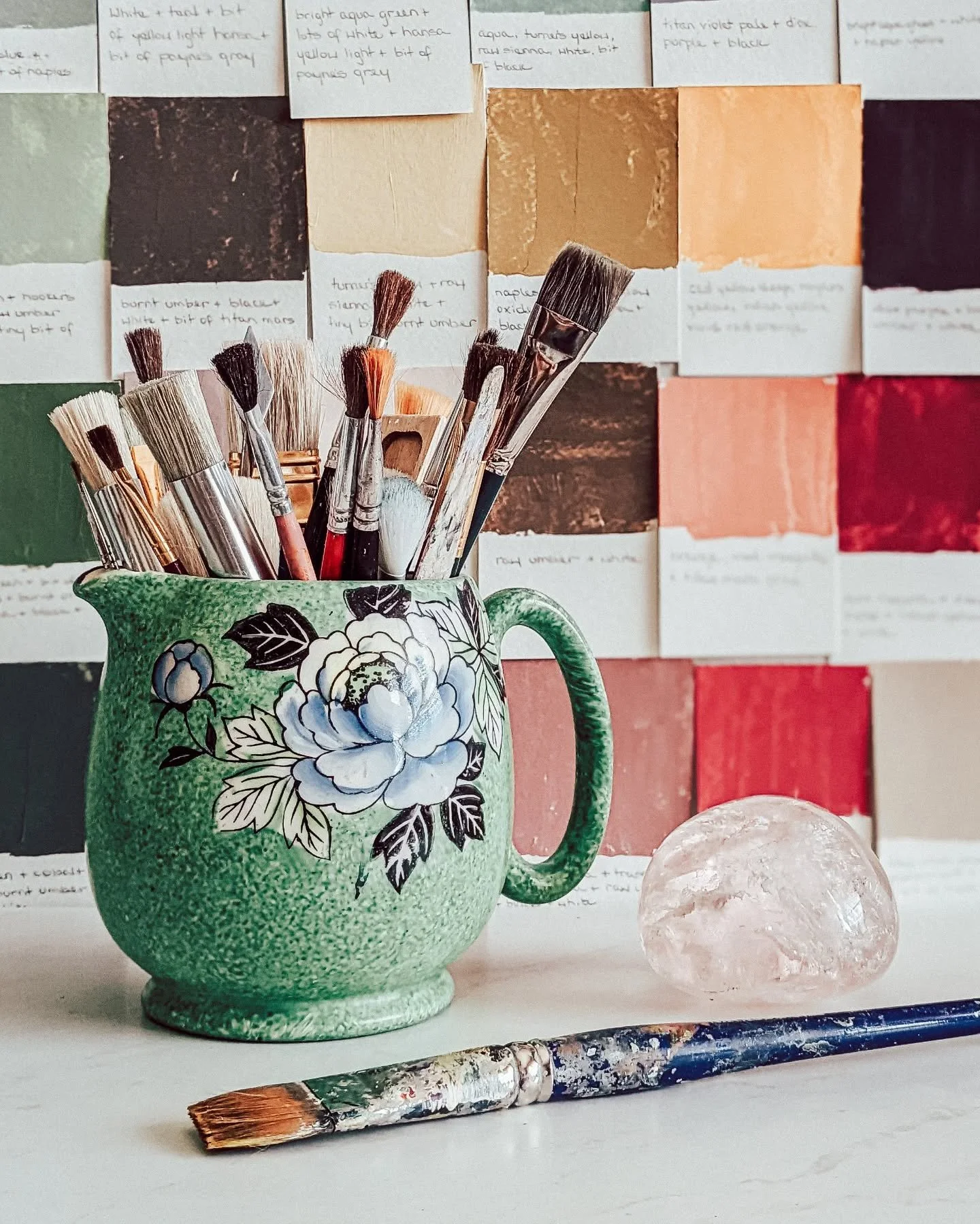 When I create a new paint mixture that I like, I make a swatch of it and write down the colors used to create it. I have a small box filled with these little beauties and when I need to figure out a color to use, I just grab these and hold them up to