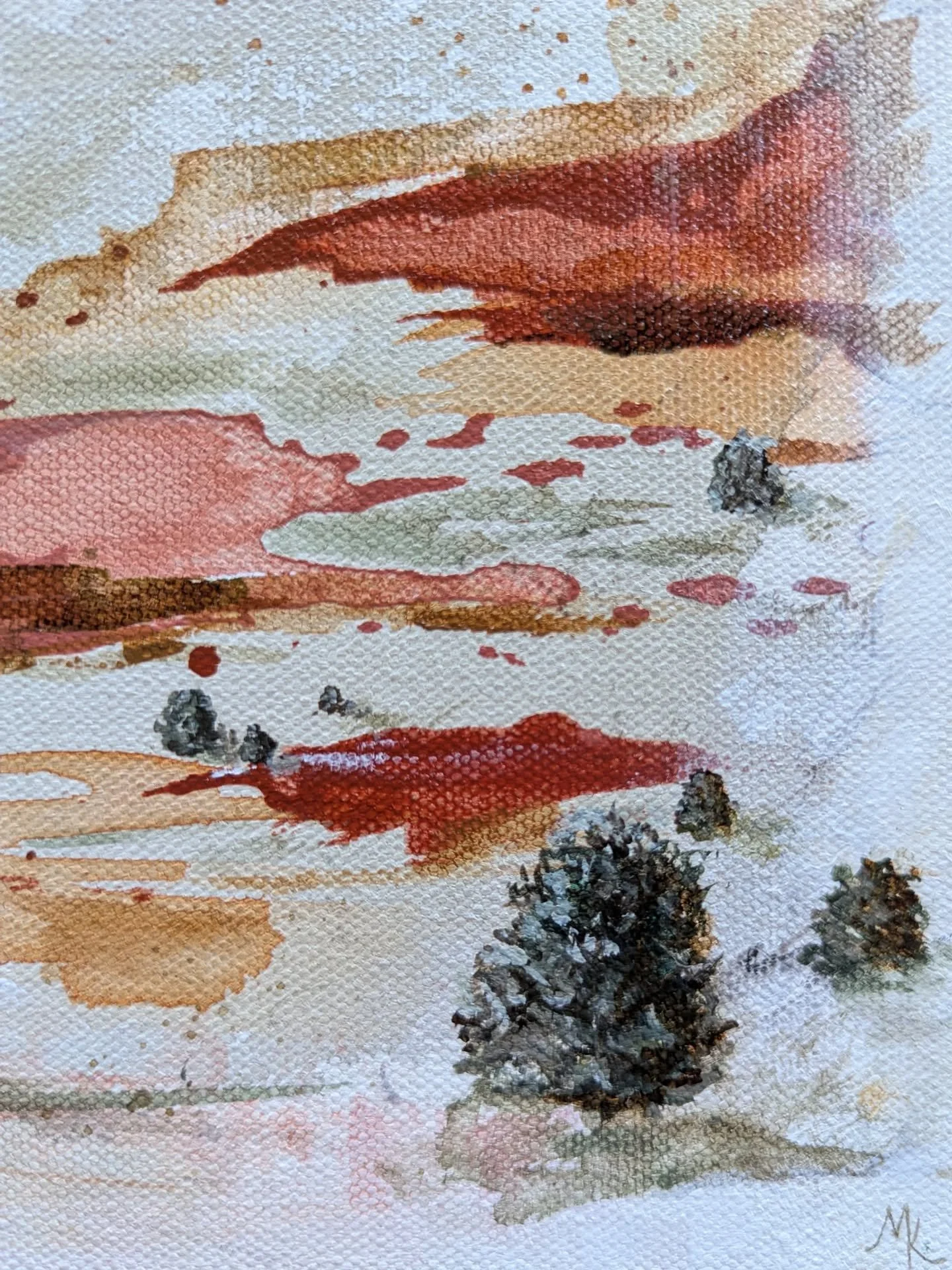 I chose a tree theme for my paintings that I made for small works shows this year because I love the immense variety in their shapes. Here's a detail shot of the pinon trees in a high desert landscape that I created for the show @divine_west_santa_fe
