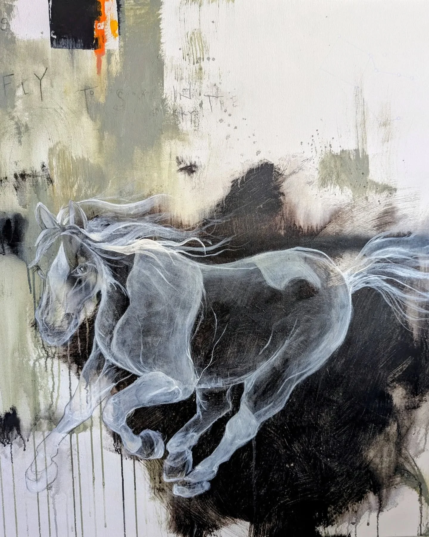 This is Decoration, a horse we had when I was a kid. In this piece he's running fast, dashing across the field. In reality, Dec never ran very fast when I knew him. He was very old, living nearly 30 years! This painting will be called Decoration's Dr