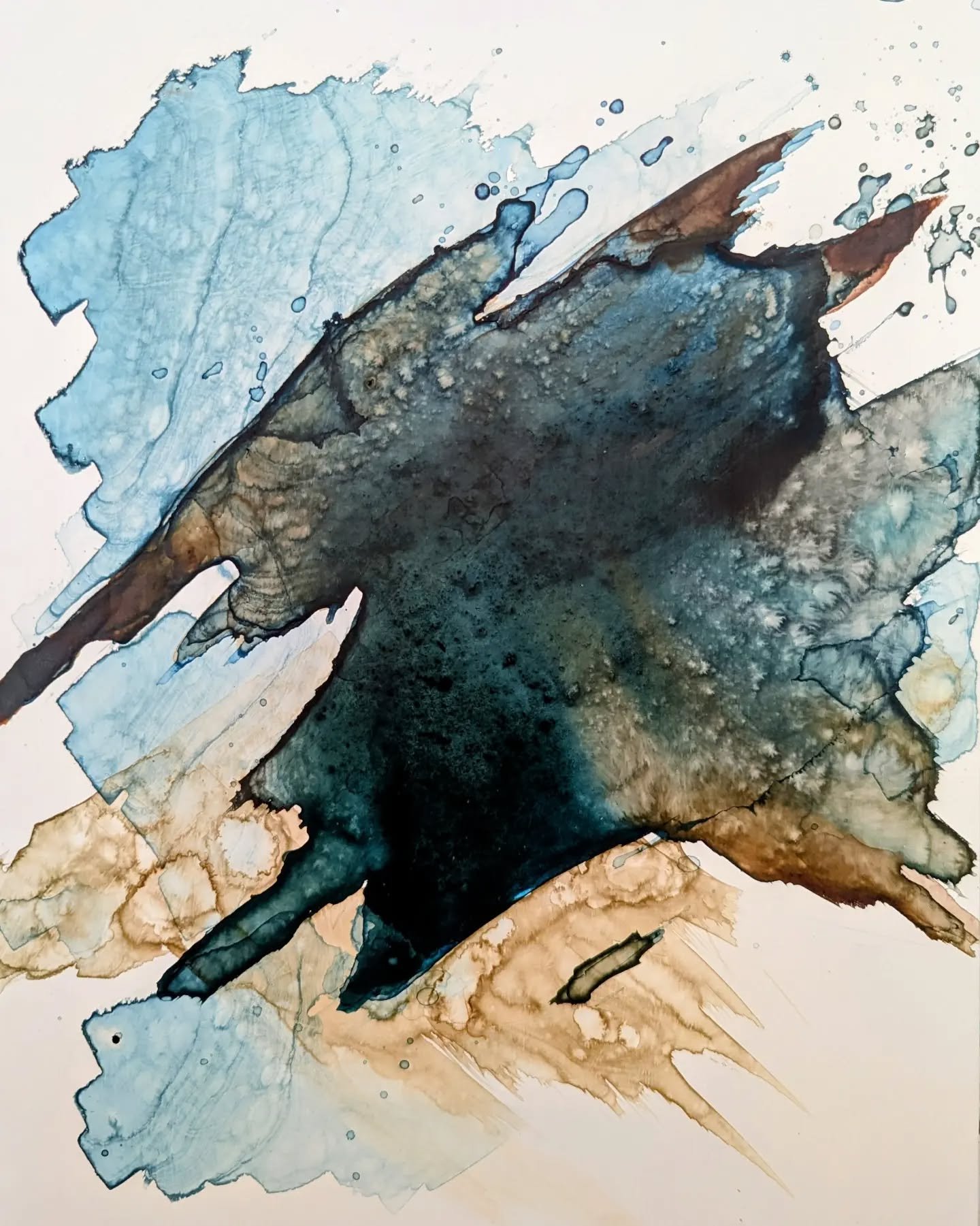 This painting isn't done yet but I'm having fun exploring new ways of using my materials for different effects. This feels like a bird's eye view of the ocean to me, or maybe a blue lunar landscape. I love how it's starting out!