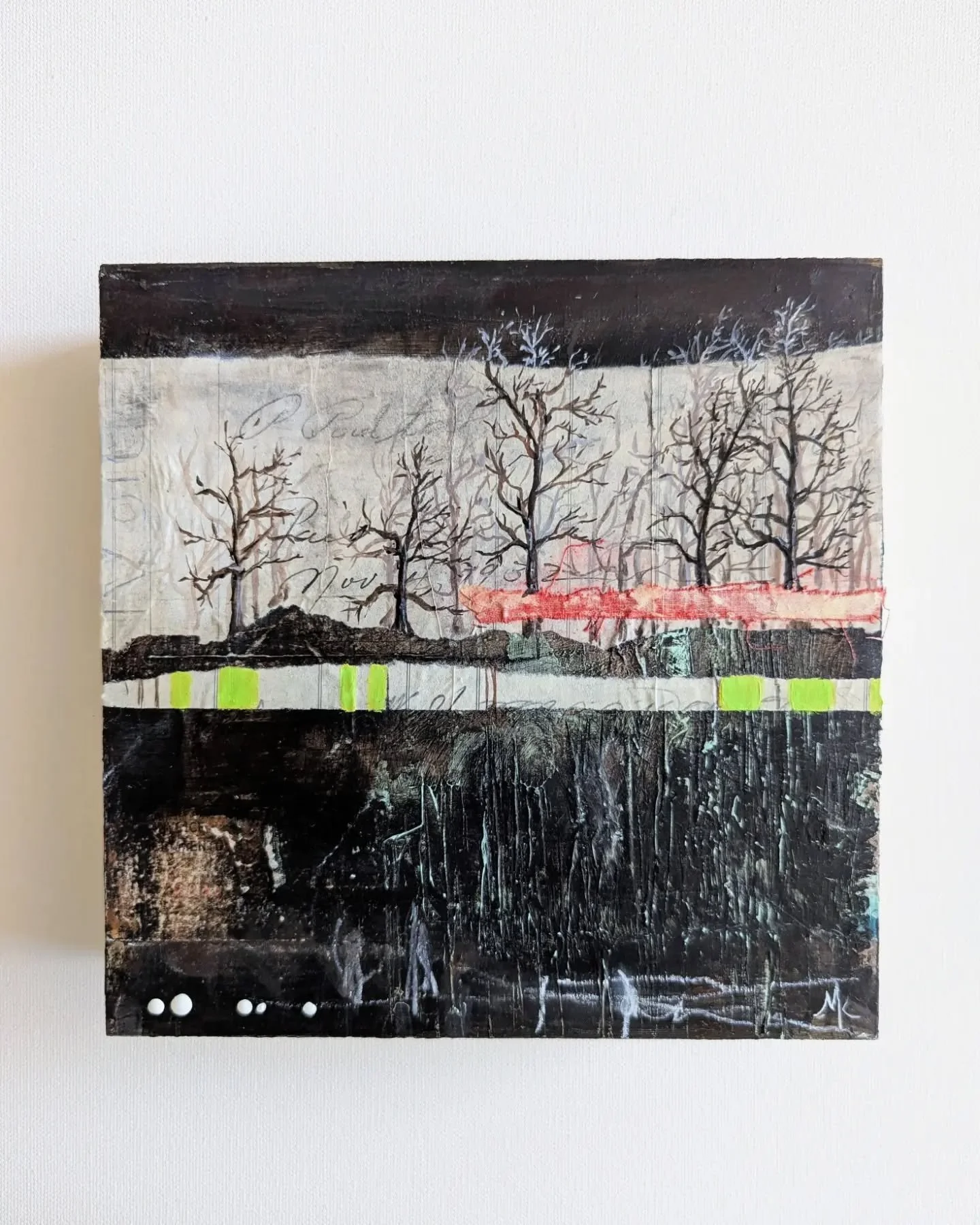 A new painting using very old materials. "Talking To Trees' is part of an upcoming project that I'm working on. In it, I've used old invoices from 1932, an antique Beethoven's Sonatas book binding, and fresh paint with a bright pop of color to r
