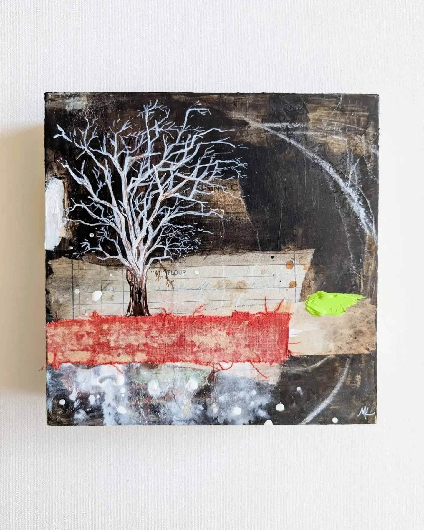 A new painting using very old materials. "Receiving Messages' is part of an upcoming project that I'm working on. In it, I've used old invoices from 1932, an antique Beethoven's Sonatas book binding, and fresh paint with a bright pop of color to