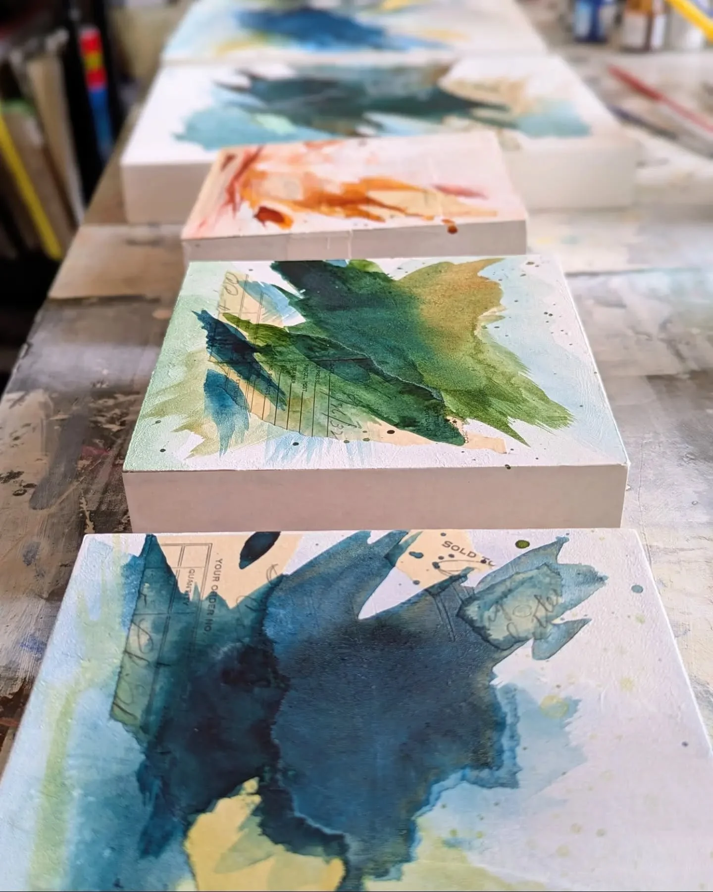 My studio table right now.  Works in progress.

#abstractlandscapes #contemporarypainting  #mixedmediaartwork