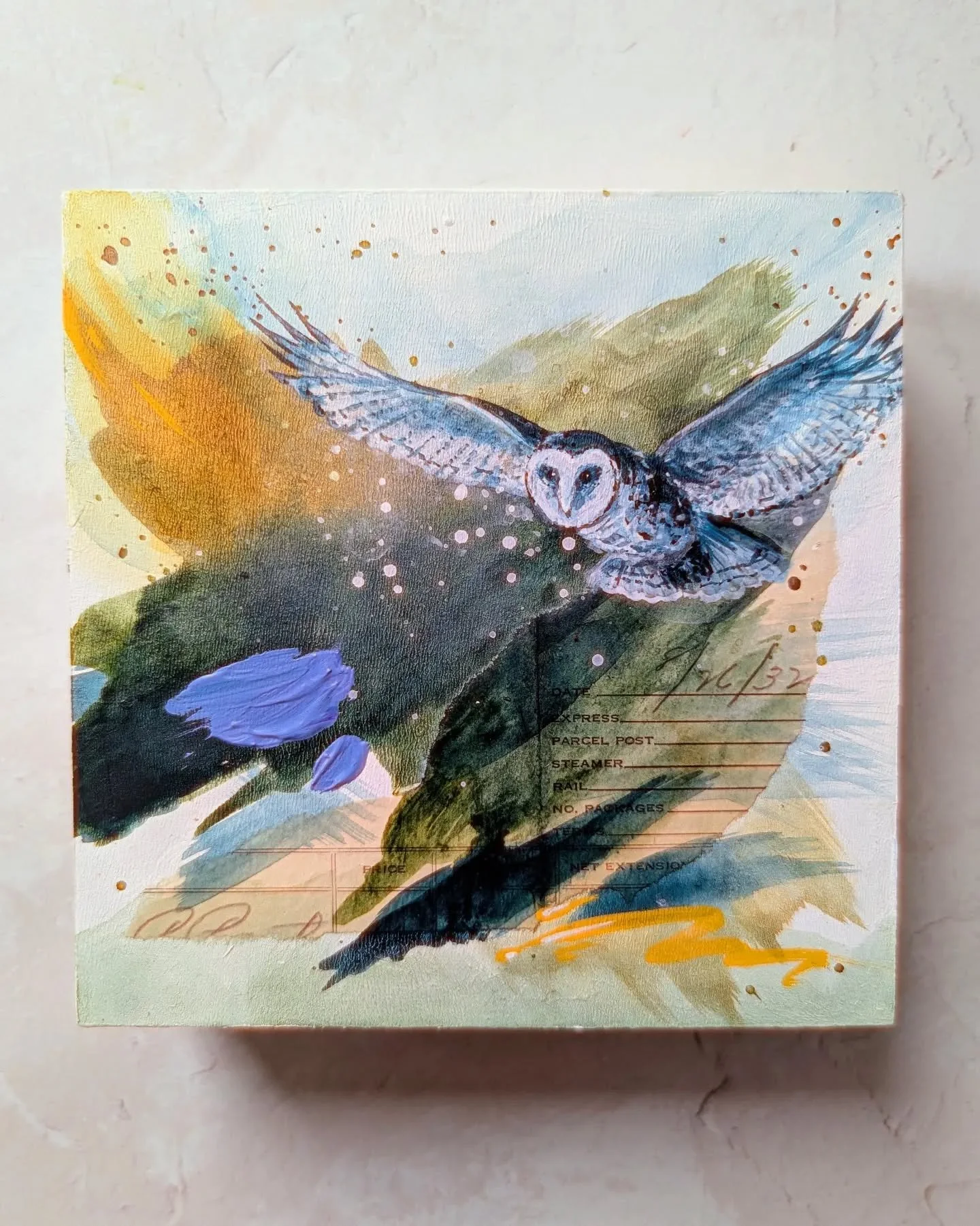 A small painting that combines abstraction and a detailed subject. "Silent Descent" is just 6 x 6 inches on cradled wood panel, but her personality is so much bigger.

Available ony website. Link in bio.

Abstract landscape painting, Owl, M
