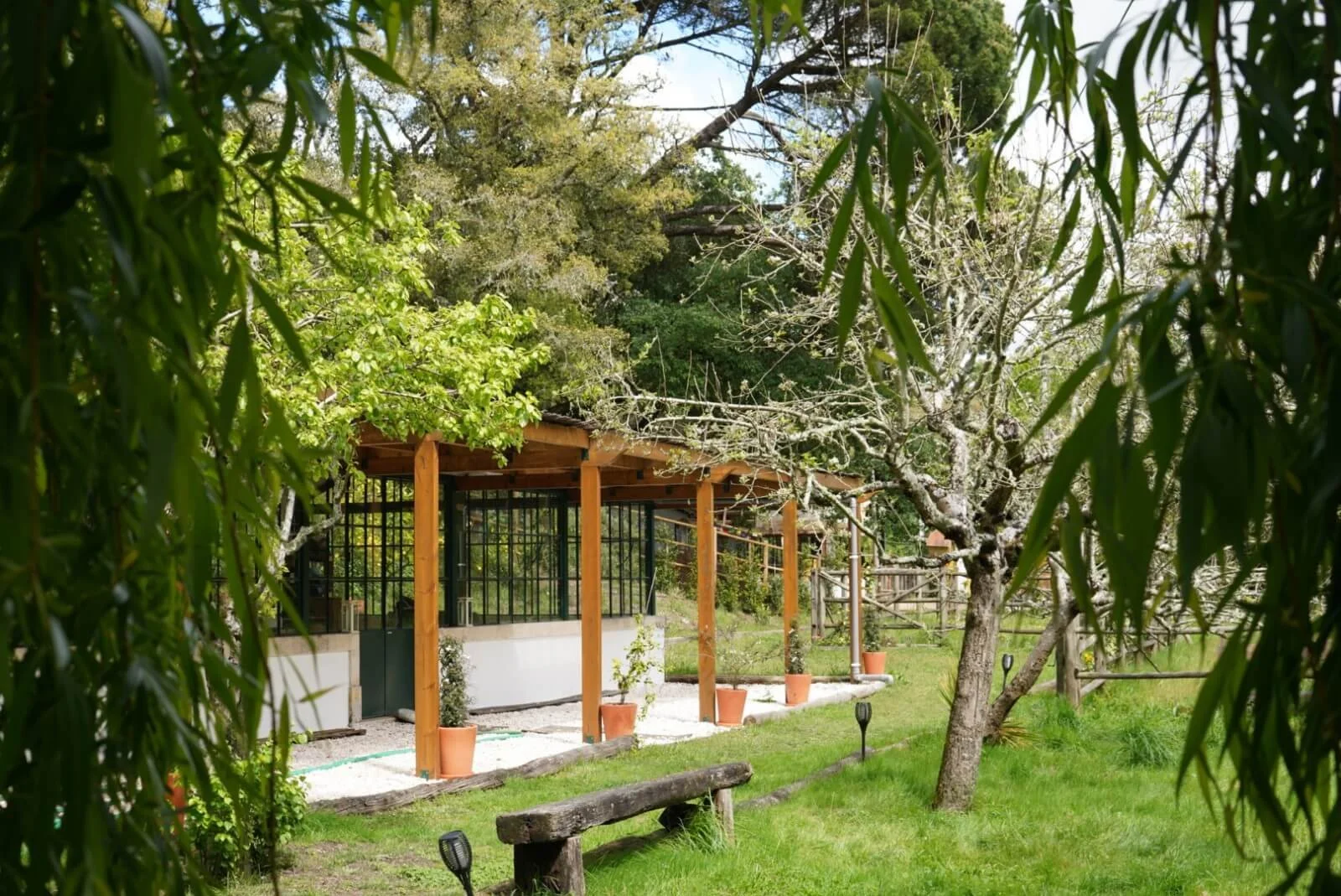 A garden scene with a wooden structure featuring black metal grid doors, surrounded by green trees, potted plants, and a grassy area with a wooden bench and small landscape lights.