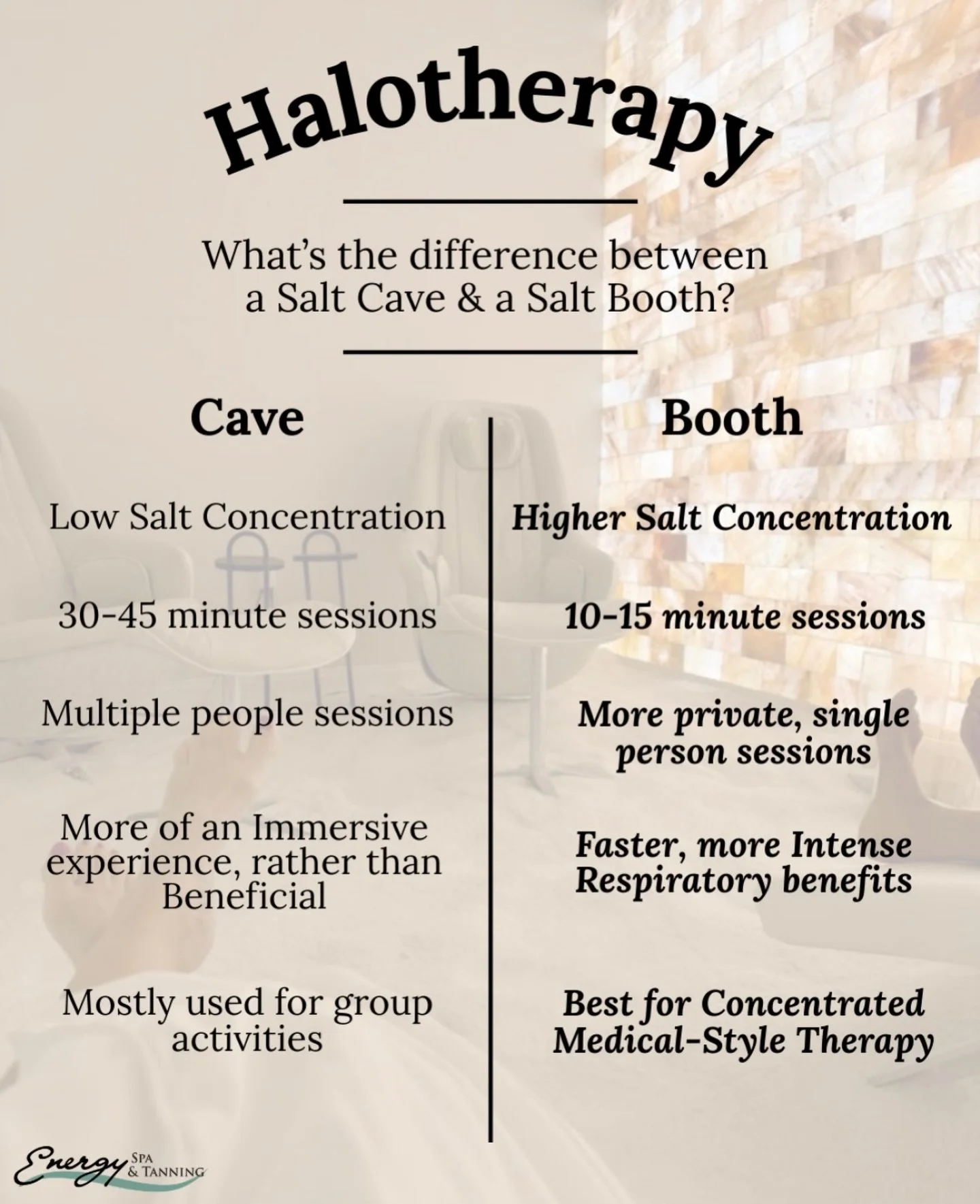 Salt therapy &mdash; your way. ✨

Whether you want a longer, calming group escape or a quick, private respiratory reset, both paths lead to clearer breathing and deeper relaxation.

Slow and immersive&hellip; or fast and focused.
Your wellness, your 