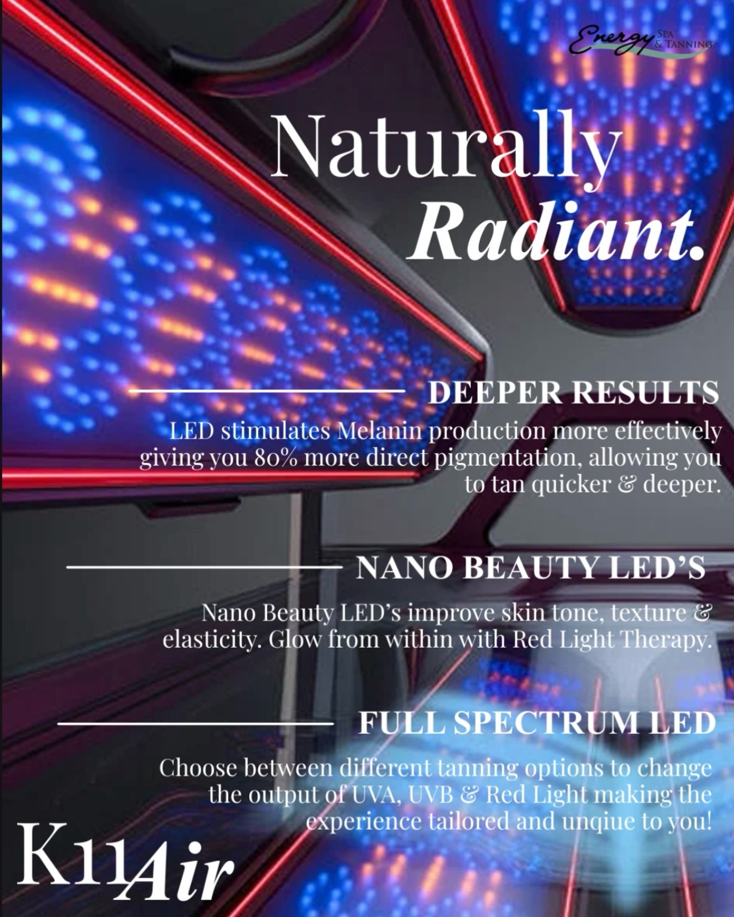 Tan smarter. Glow deeper. ☀️✨

The K11 Air combines advanced LED + full spectrum technology to help you build color faster while improving skin tone and texture. More than a tan&mdash;it&rsquo;s a full glow upgrade.

#K11Air #SmartTanning #RedLightTh