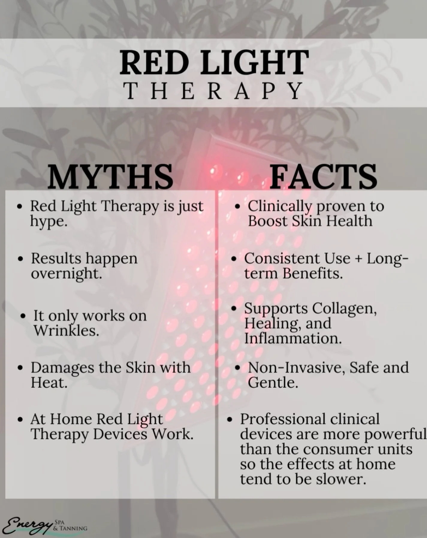 Don&rsquo;t fall for the myths&hellip; know the glow. 🔴✨

Red Light Therapy isn&rsquo;t a trend&mdash;it&rsquo;s a science-backed way to support your skin, recovery, and overall wellness. Consistency is key, and professional-grade results make all t