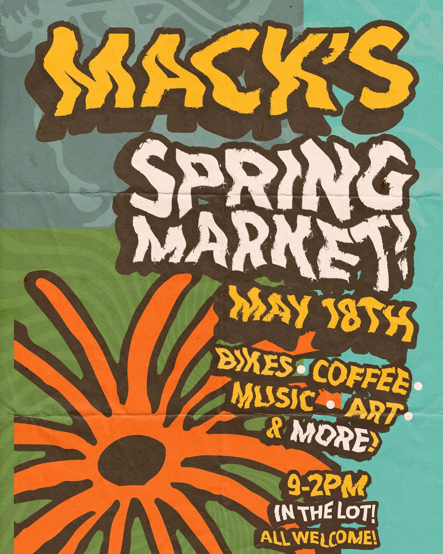 Our spring Mack&rsquo;s market is shaping up to be a good one! 
Vendors with bike stuff, music, art, vintage, bikes! 

Like a street market in our lot! 

Free Free Free 

All welcome 

May 18th 9-2 in the lot! 

For vendor tables please email Kelly@m