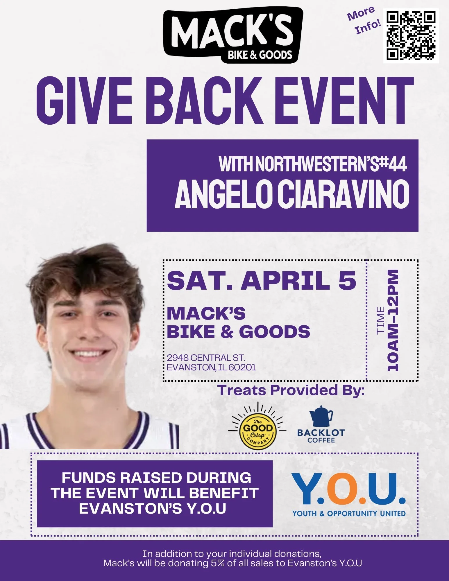SAVE THE DATE 4/5/25 Mack's welcomes Northwestern's #44 Angelo Ciaravino!